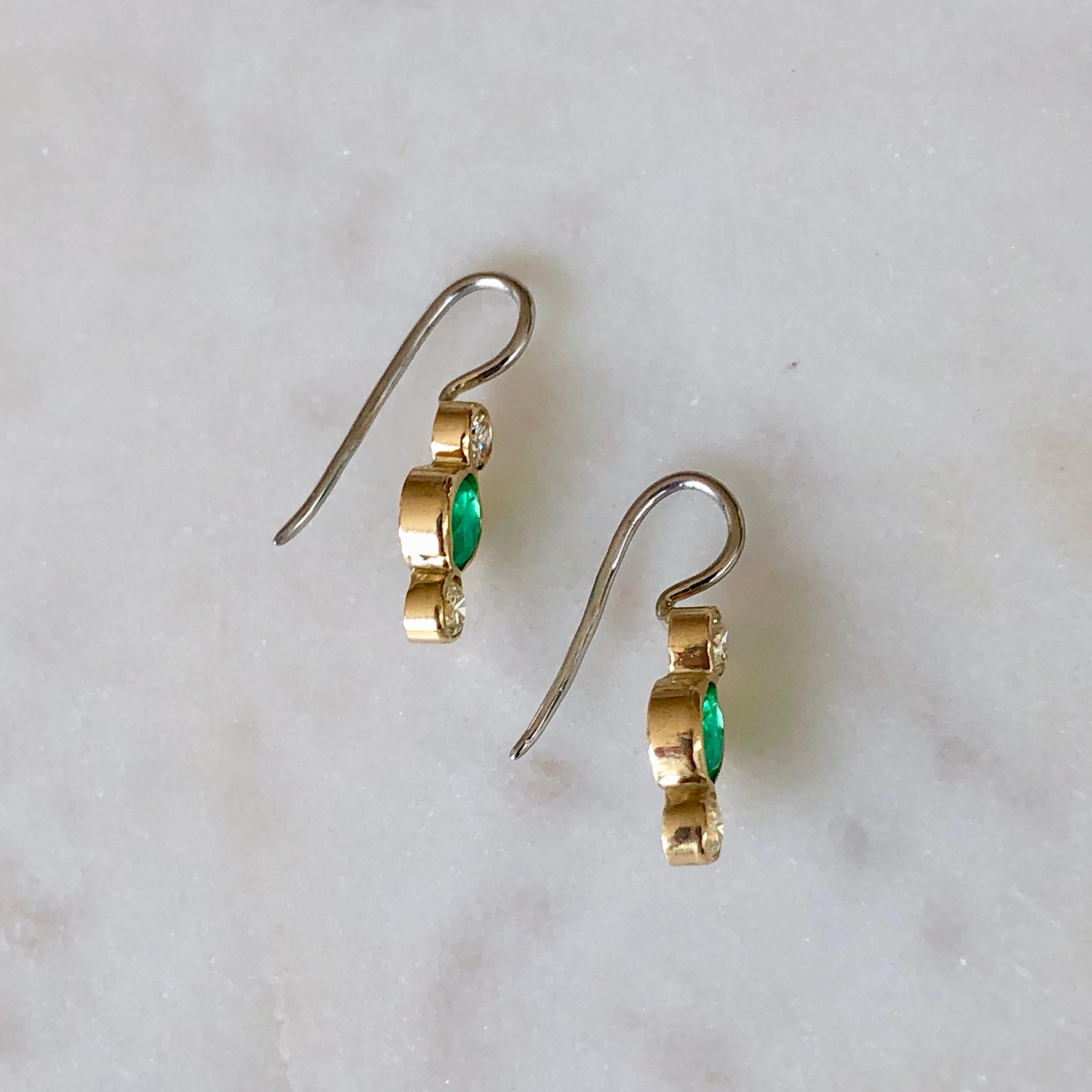 Emerald Diamond Gold 18 Karat & Platinum Dangle Earrings 6