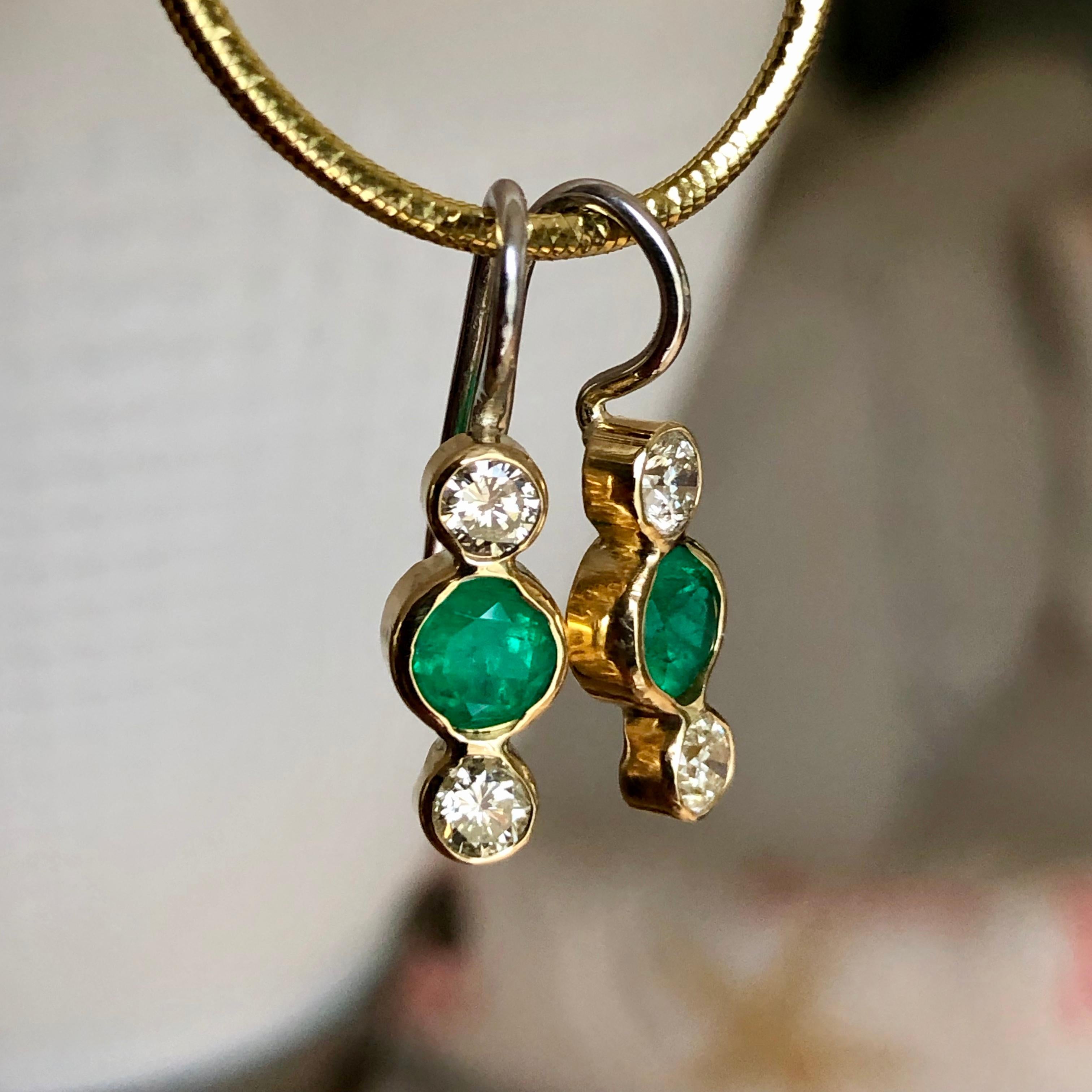 Emerald Diamond Gold 18 Karat & Platinum Dangle Earrings 2