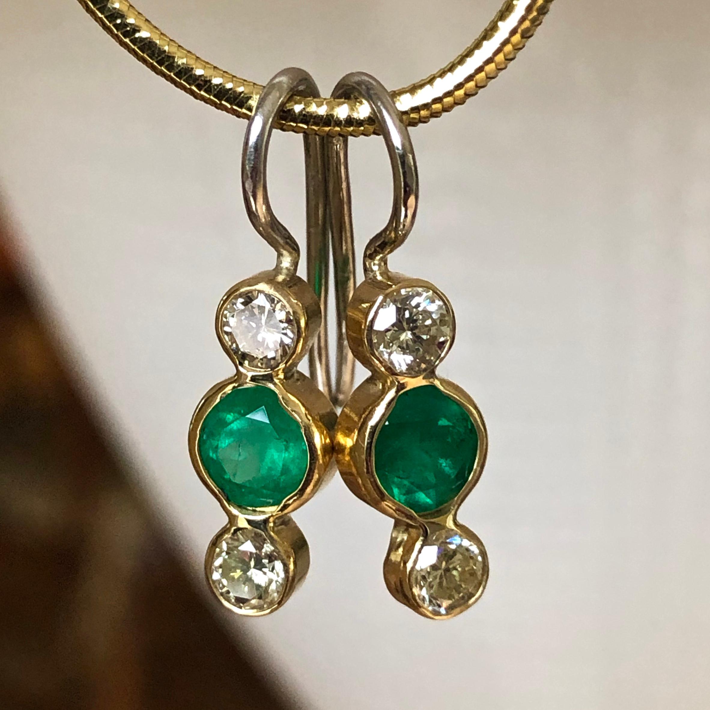 Emerald Diamond Gold 18 Karat & Platinum Dangle Earrings 5