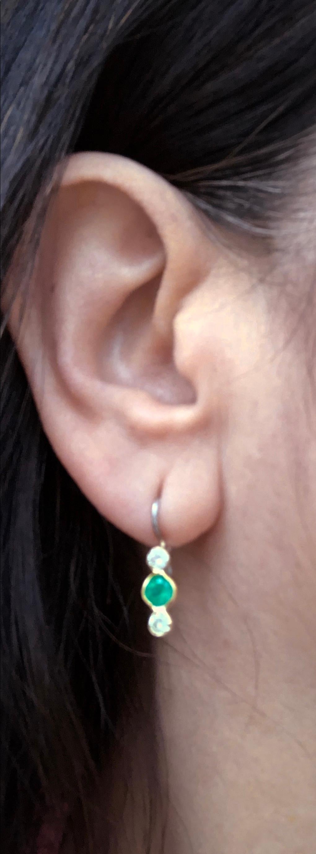 Emerald Diamond Gold 18 Karat & Platinum Dangle Earrings 1