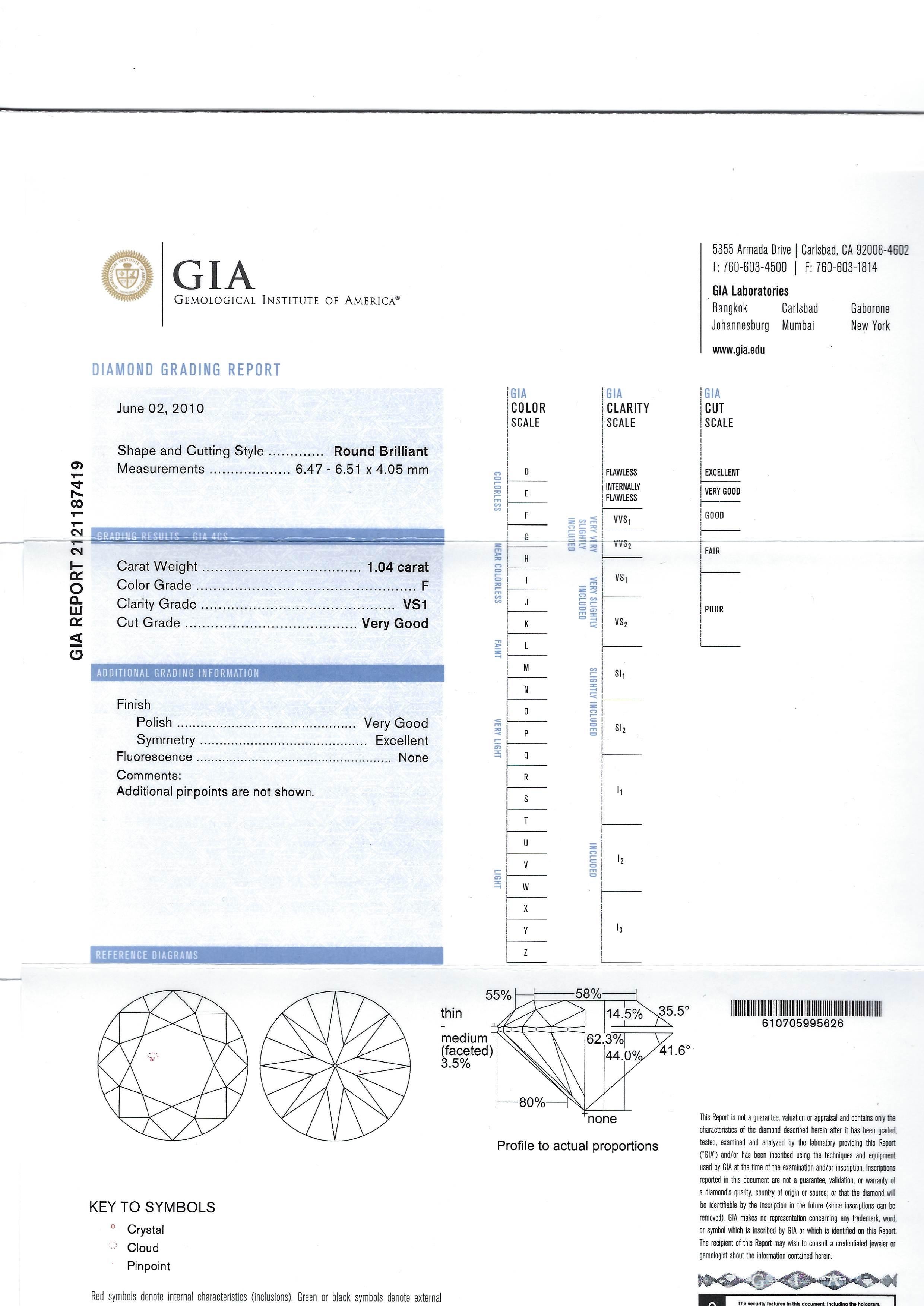Women's 1.04 Carat F VS1 Brilliant-Cut Diamond and Platinum Ring with GIA Certificate For Sale