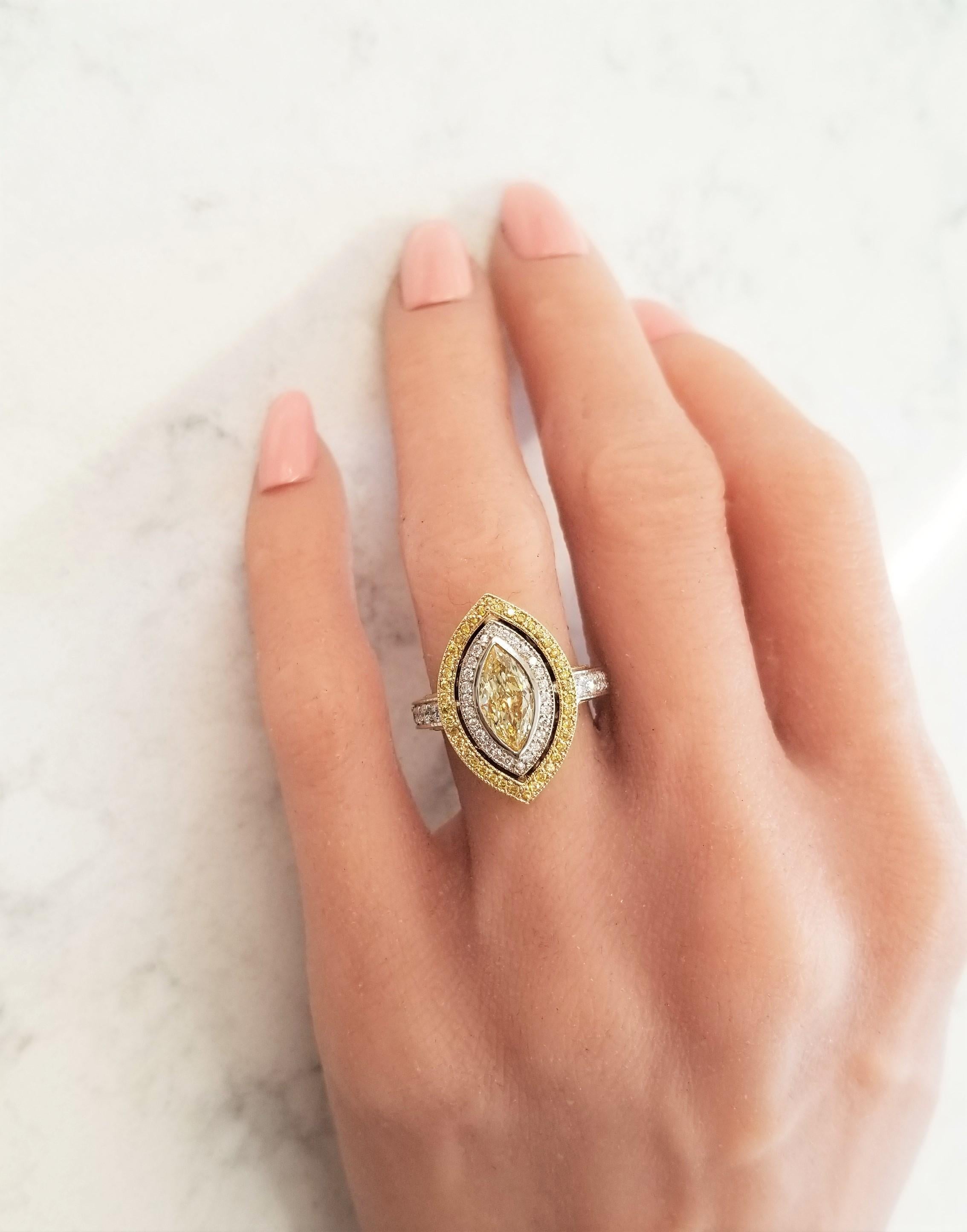 This eye-catching, attention stealing ring is every bit a glamorous as you imagine it to be. There are almost too many incredible design elements to highlight, but we are sure going to give it a try. First, off this stunner is crafted of 18 Karat