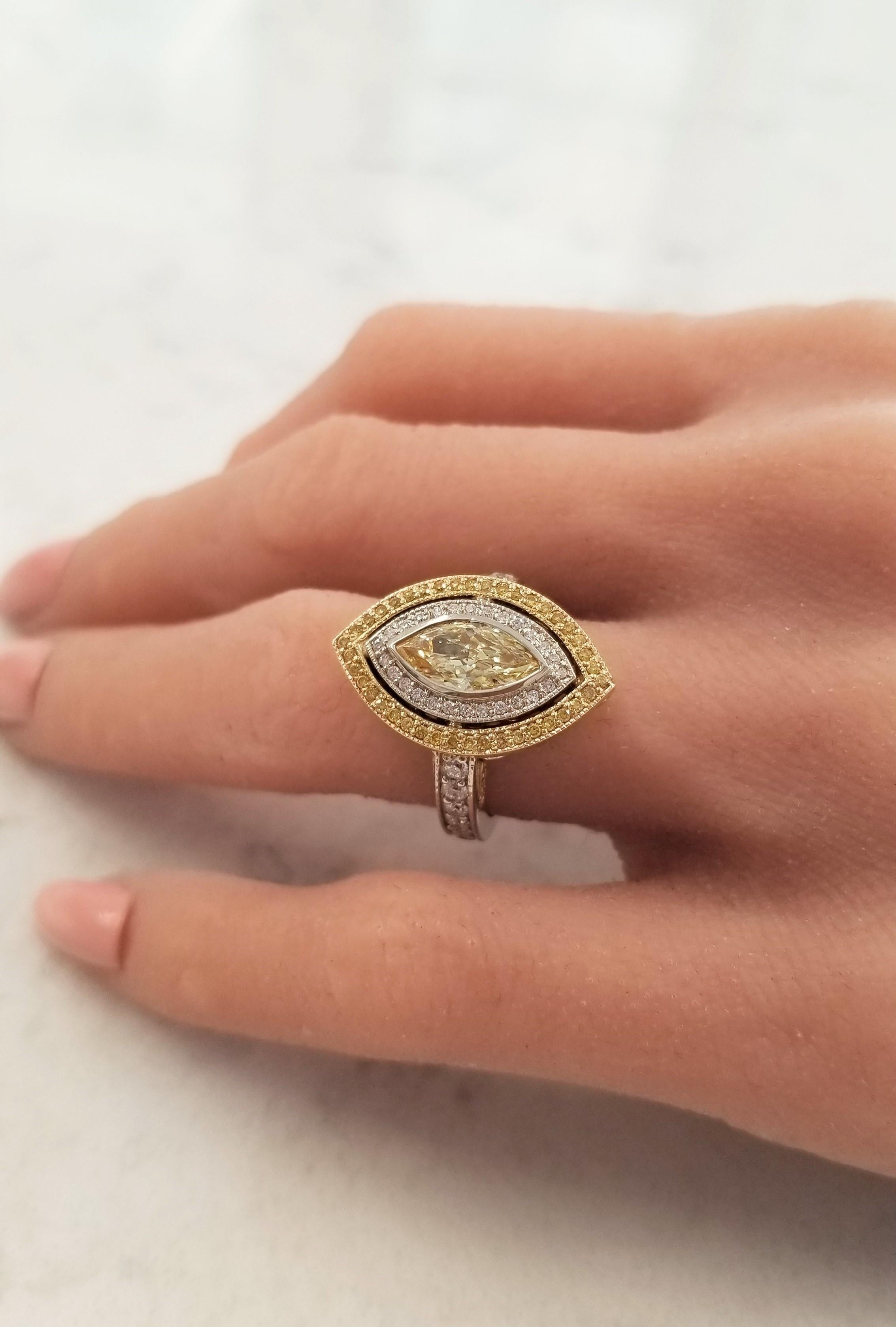 Women's 1.04 Carat Fancy Intense Yellow Marquise Diamond Two-Tone Cocktail Ring