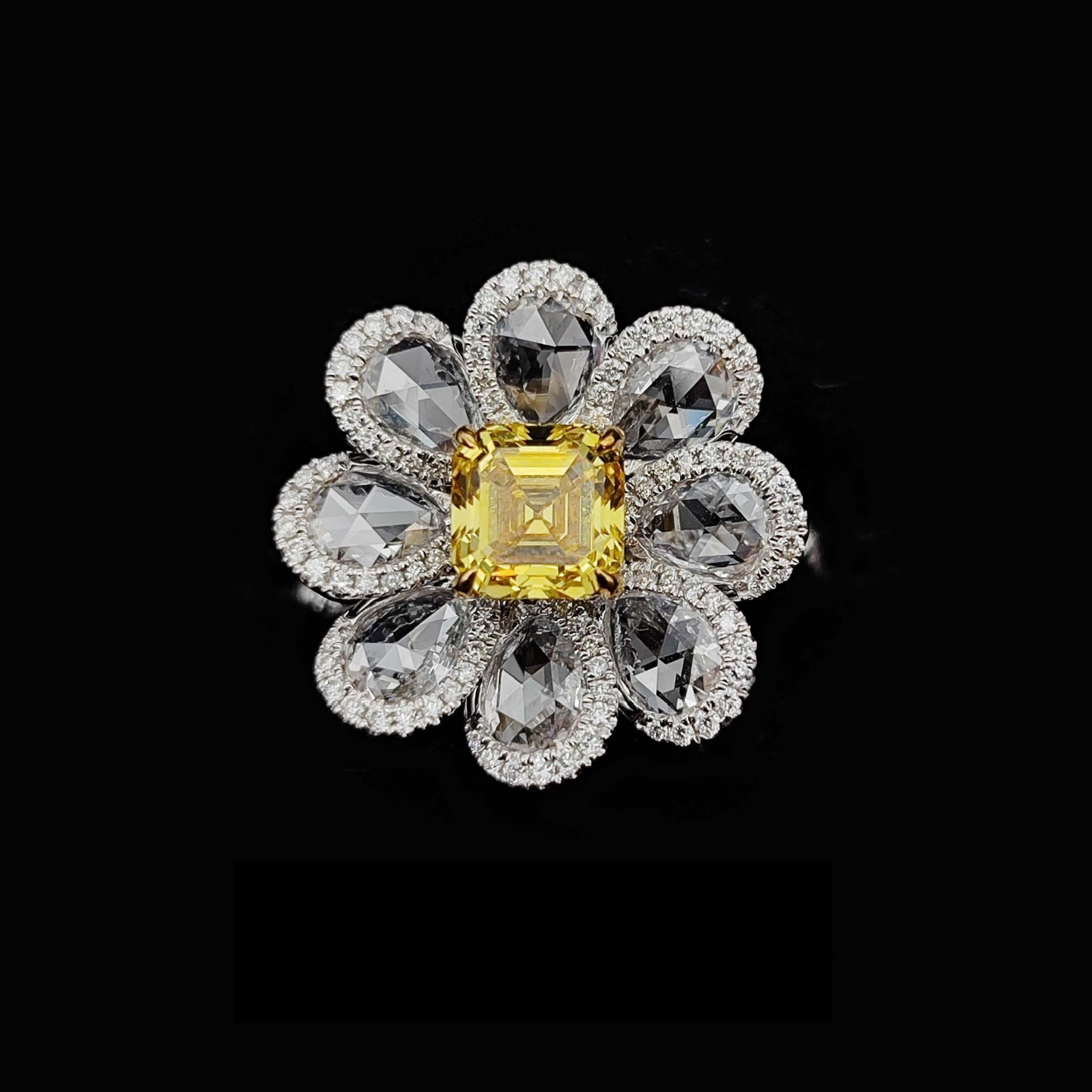 Emerald Cut 1.04 Carat Fancy Vivid Yellow Diamond Flower Cocktail Ring GIA Report, 18k Gold For Sale