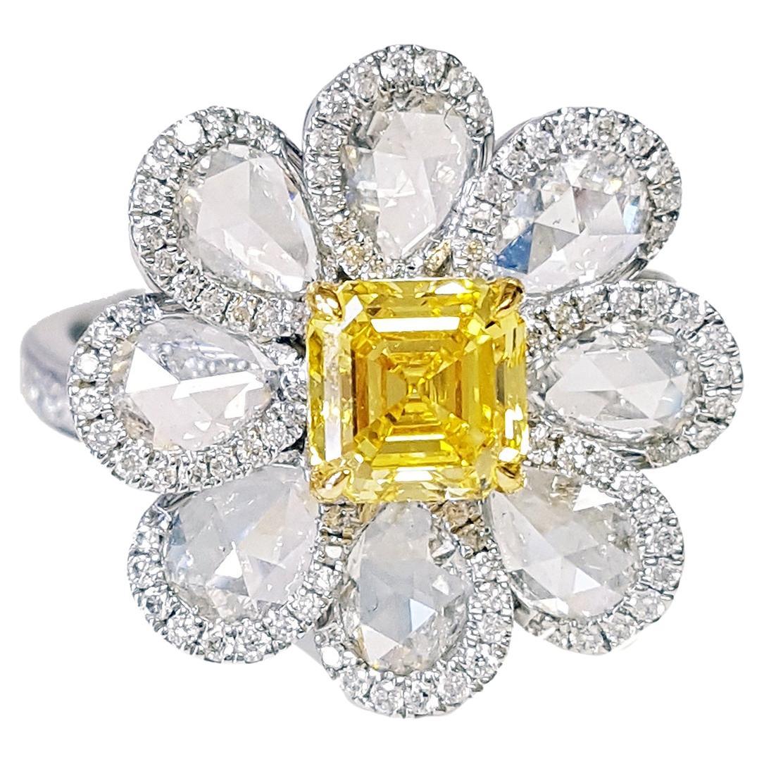 1.04 Carat Fancy Vivid Yellow Diamond Flower Cocktail Ring GIA Report, 18k Gold