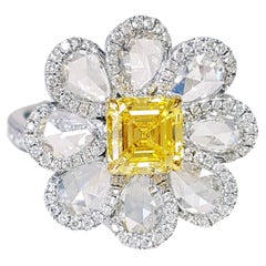 1.04 Carat Fancy Vivid Yellow Diamond Flower Cocktail Ring GIA Report, 18k Gold