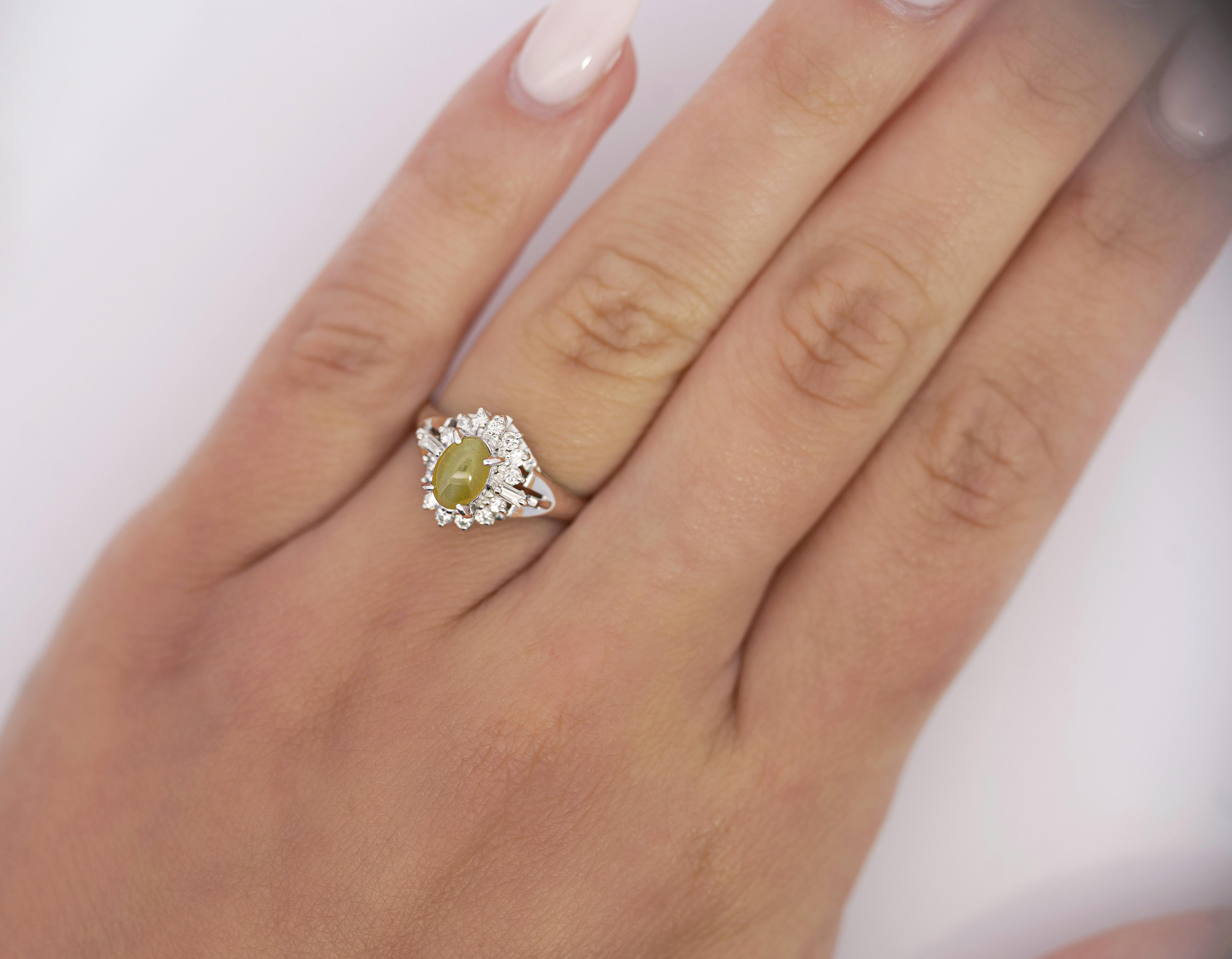 Cabochon 1.04 Carat Green Chrysoberyl Cat's Eye and Diamond Platinum Art Deco Style Ring For Sale
