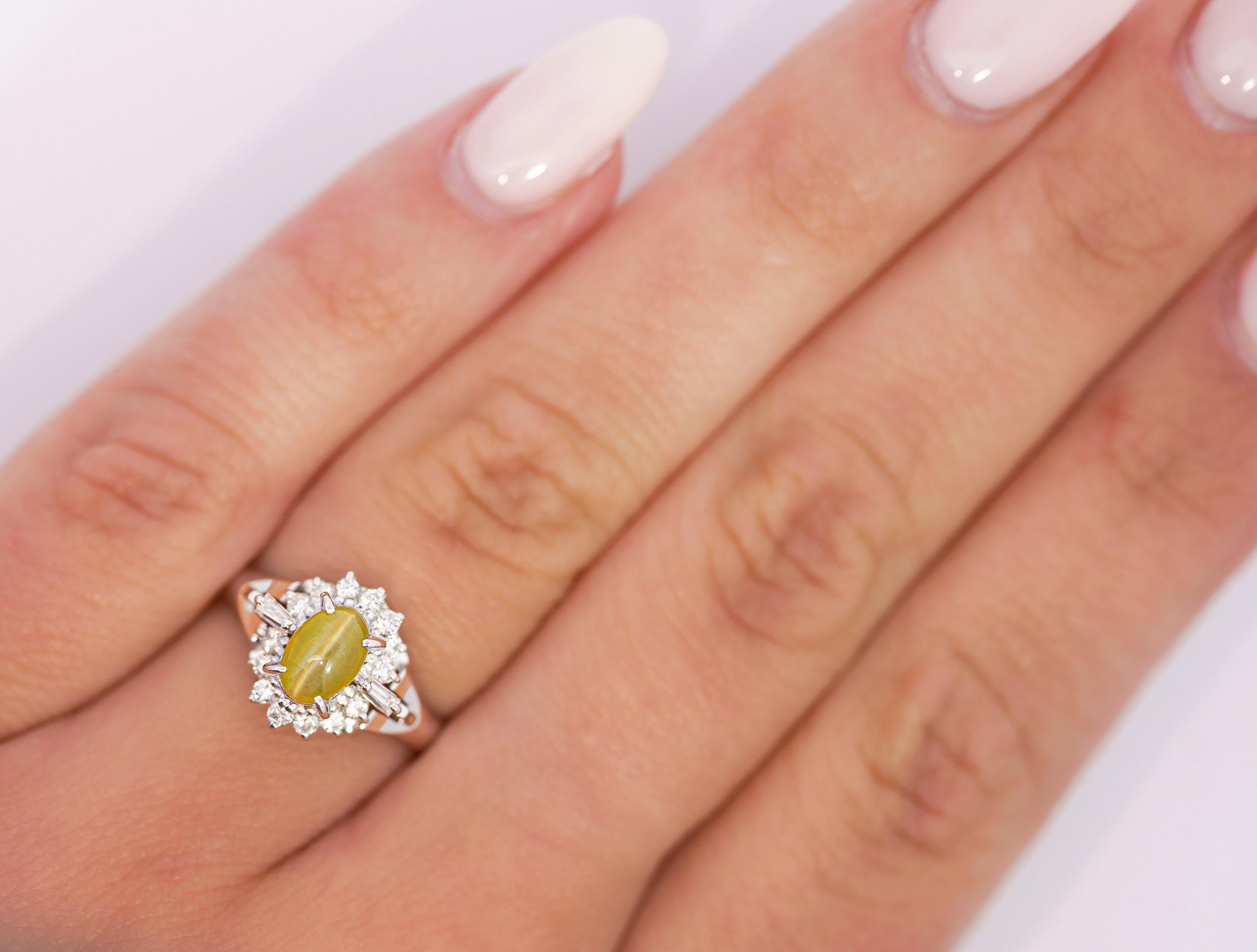 Women's 1.04 Carat Green Chrysoberyl Cat's Eye and Diamond Platinum Art Deco Style Ring For Sale