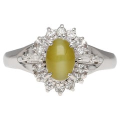 1.04 Carat Green Chrysoberyl Cat's Eye and Diamond Platinum Art Deco Style Ring