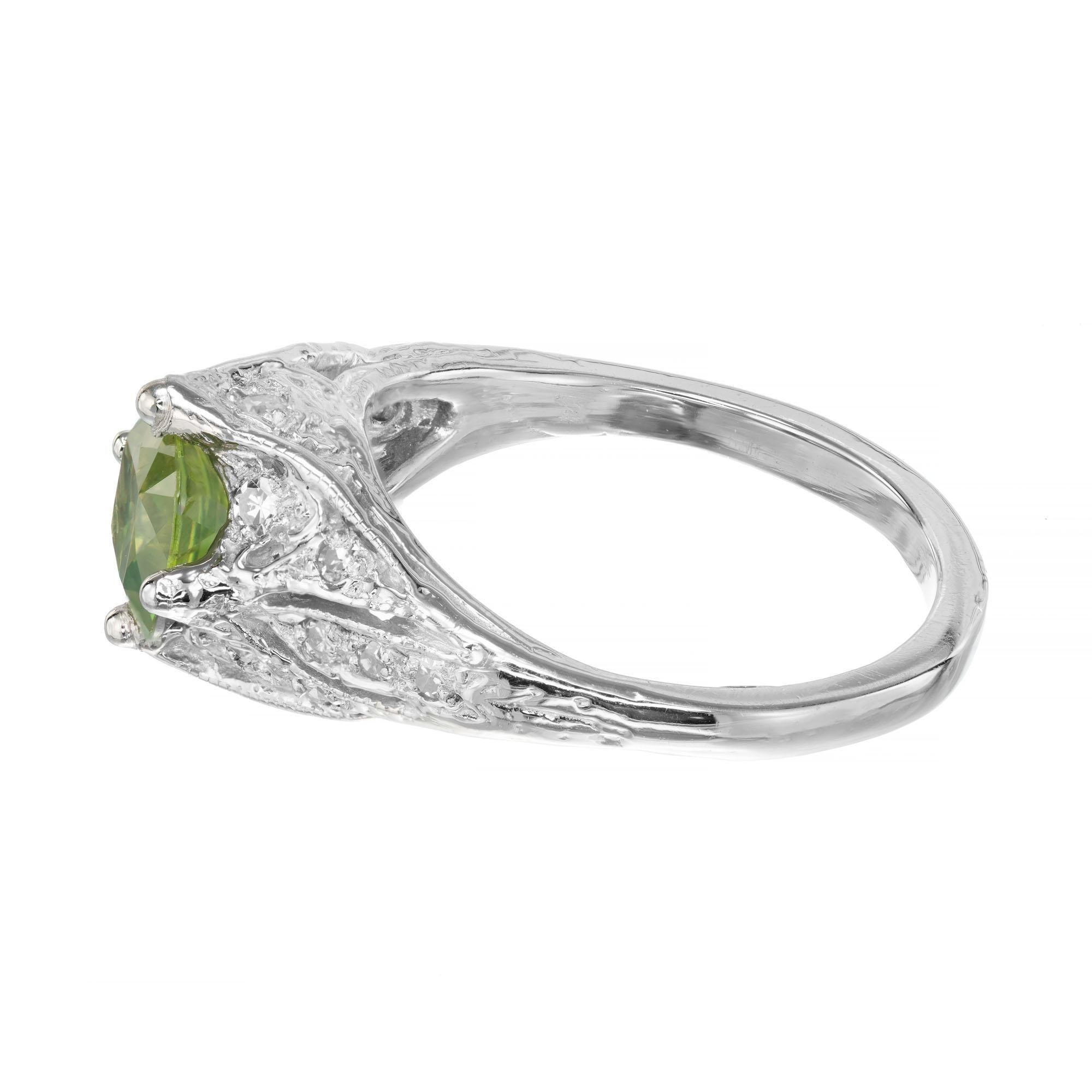 Cushion Cut 1.04 Carat Green Russ Demantoid Garnet Diamond Platinum Art Deco Engagement Ring For Sale