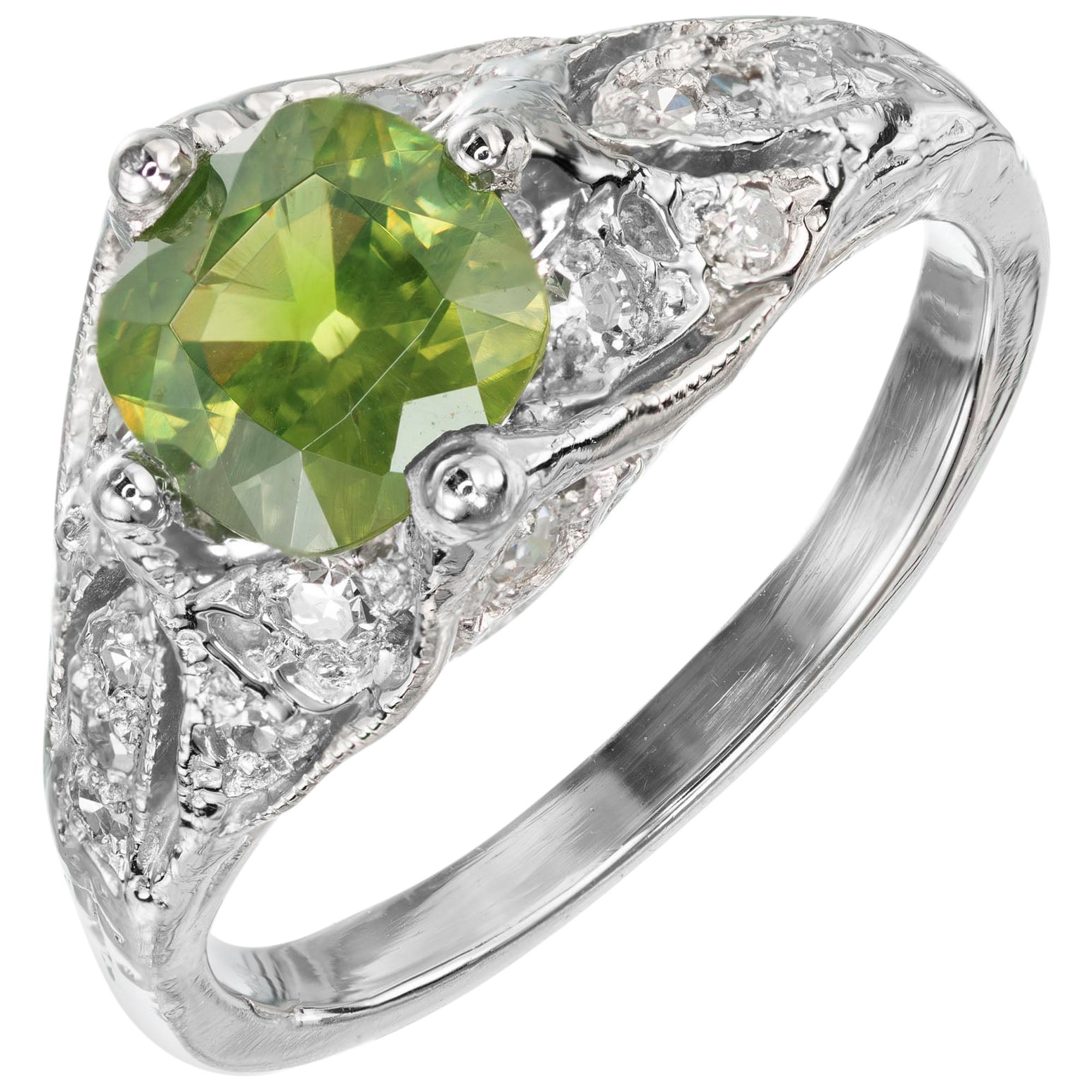 1.04 Carat Green Russ Demantoid Garnet Diamond Platinum Art Deco Engagement Ring For Sale