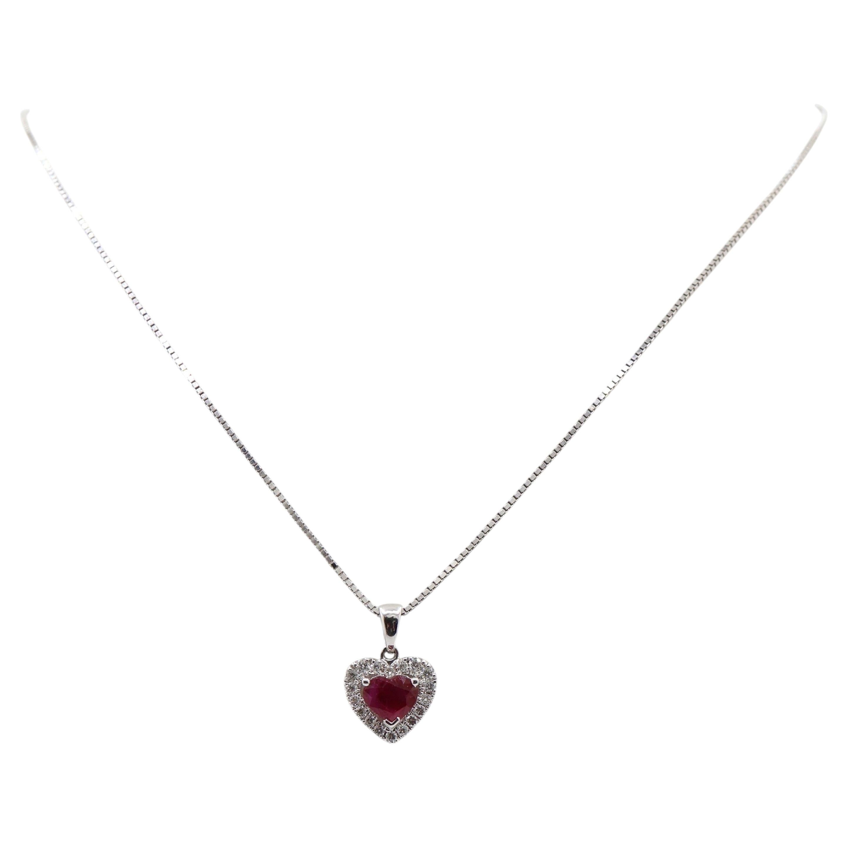1.04 Carat Heart Cut Ruby Diamond Halo Pendant Necklace 18K White Gold