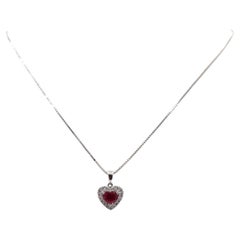 1.04 Carat Heart Cut Ruby Diamond Halo Pendant Necklace 18K White Gold