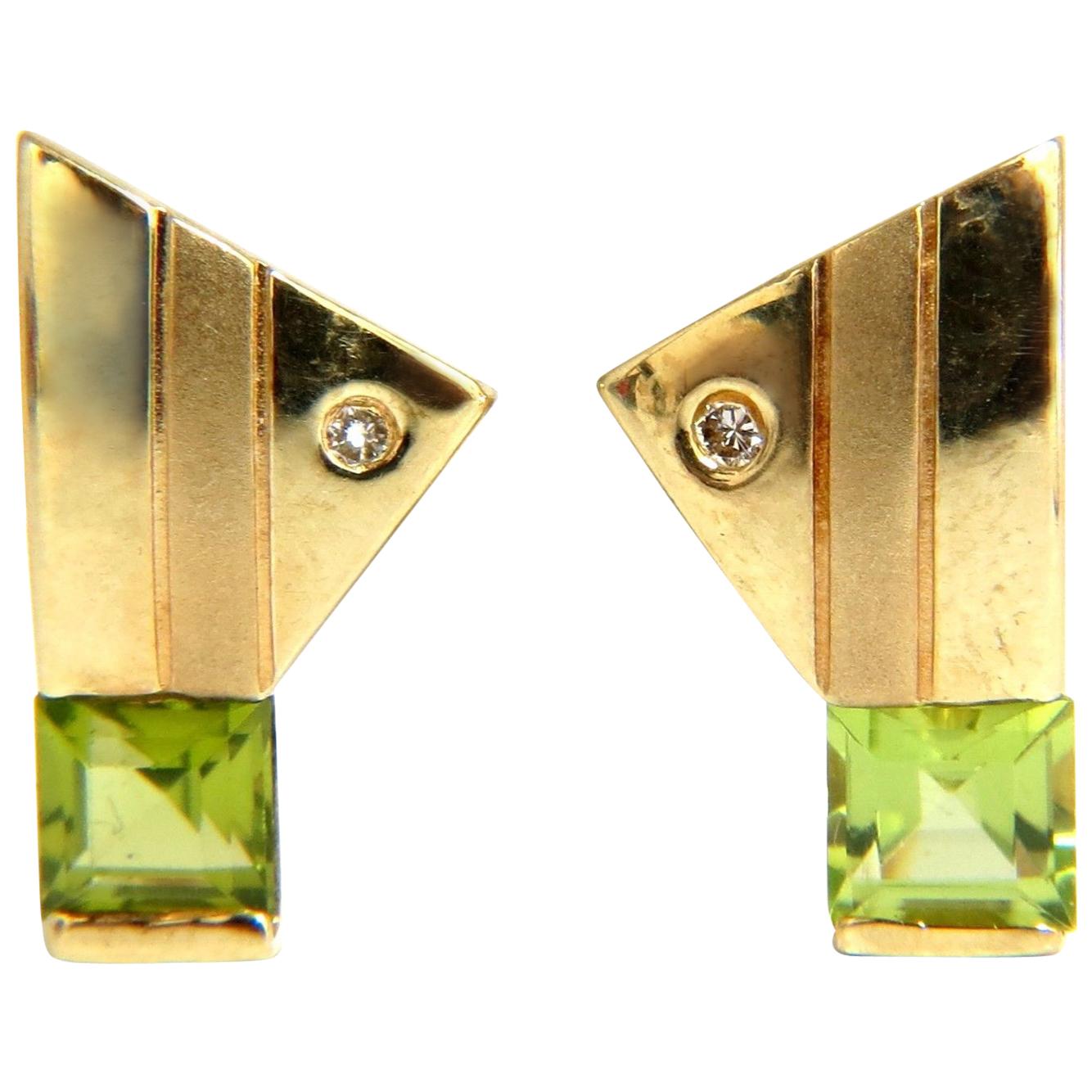 1.04 Carat Natural Asscher Cut Peridot Diamonds Modern Earrings 14 Karat