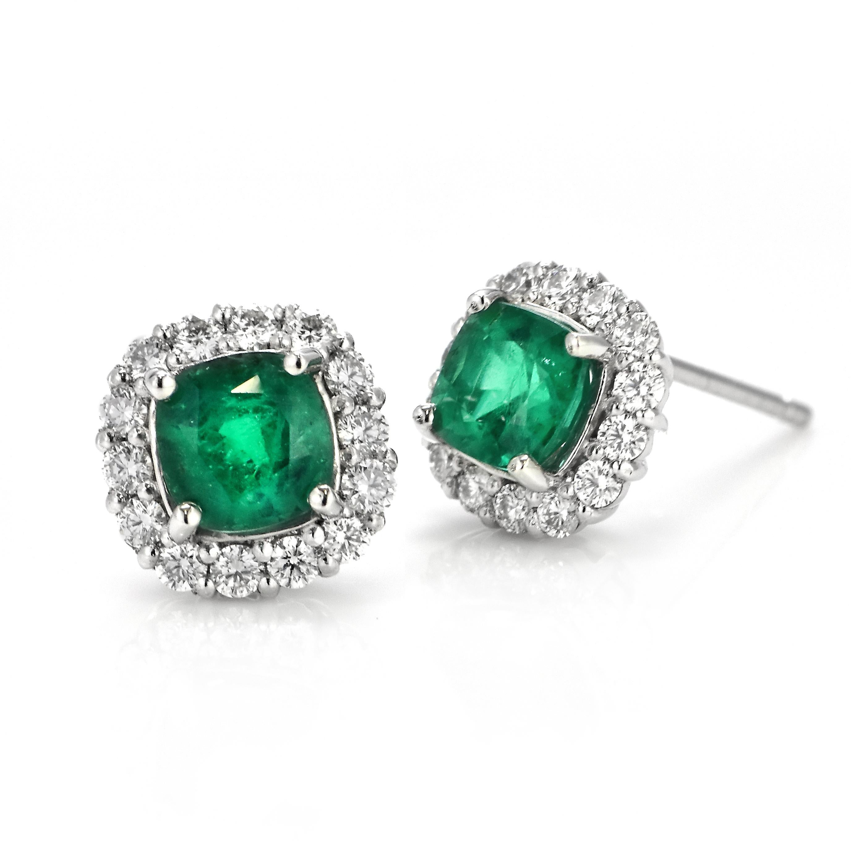 A stunning pair of pierced earring featuring a total of 1.04 Carats Natural Colombian Emeralds and 0.34 Carats of Diamond Accents set in Platinum. People have admired emerald’s green for thousands of years. Emeralds have always been associated with