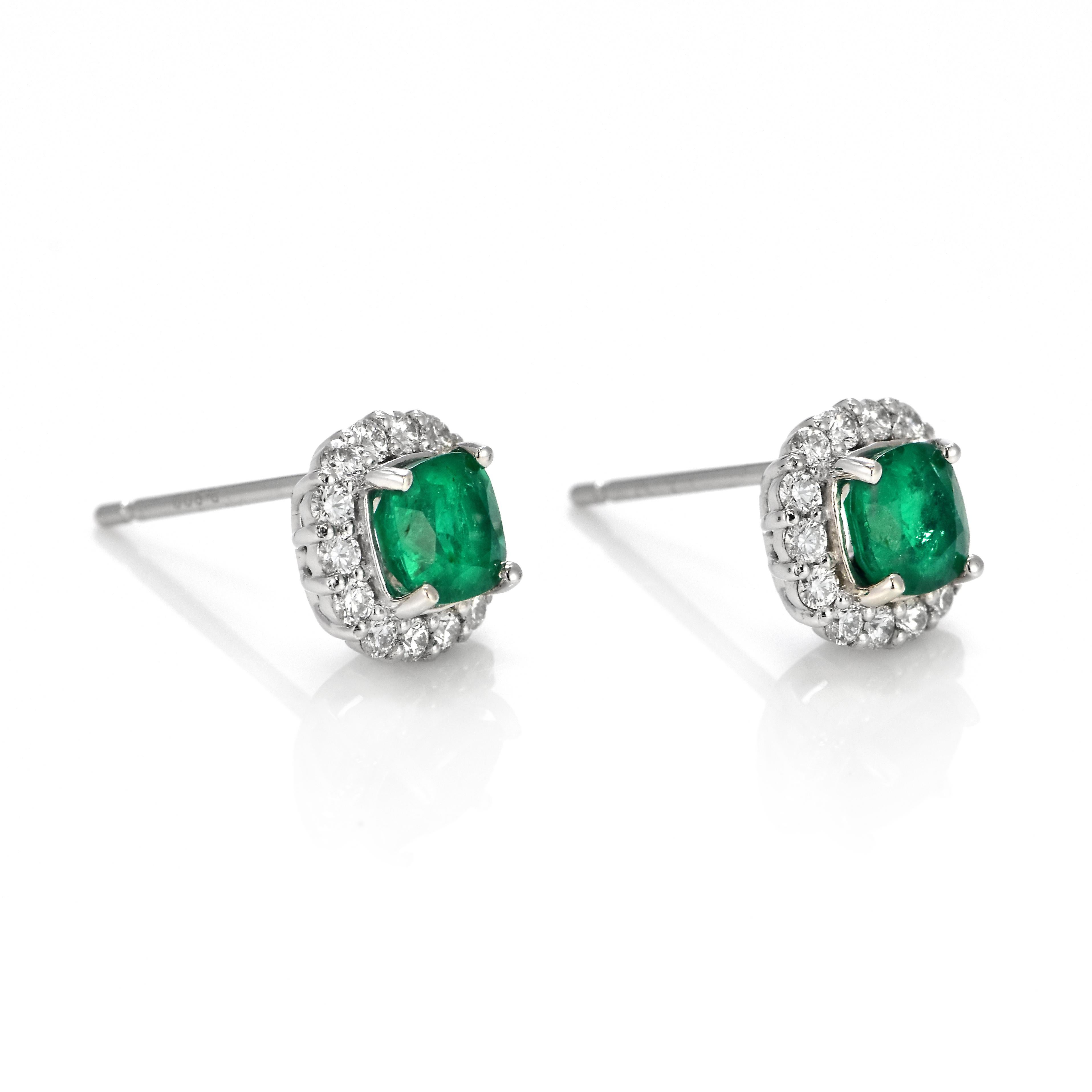 Cushion Cut 1.04 Carat Natural Colombian Emerald & Diamond Pierced Earrings Made in Platinum For Sale