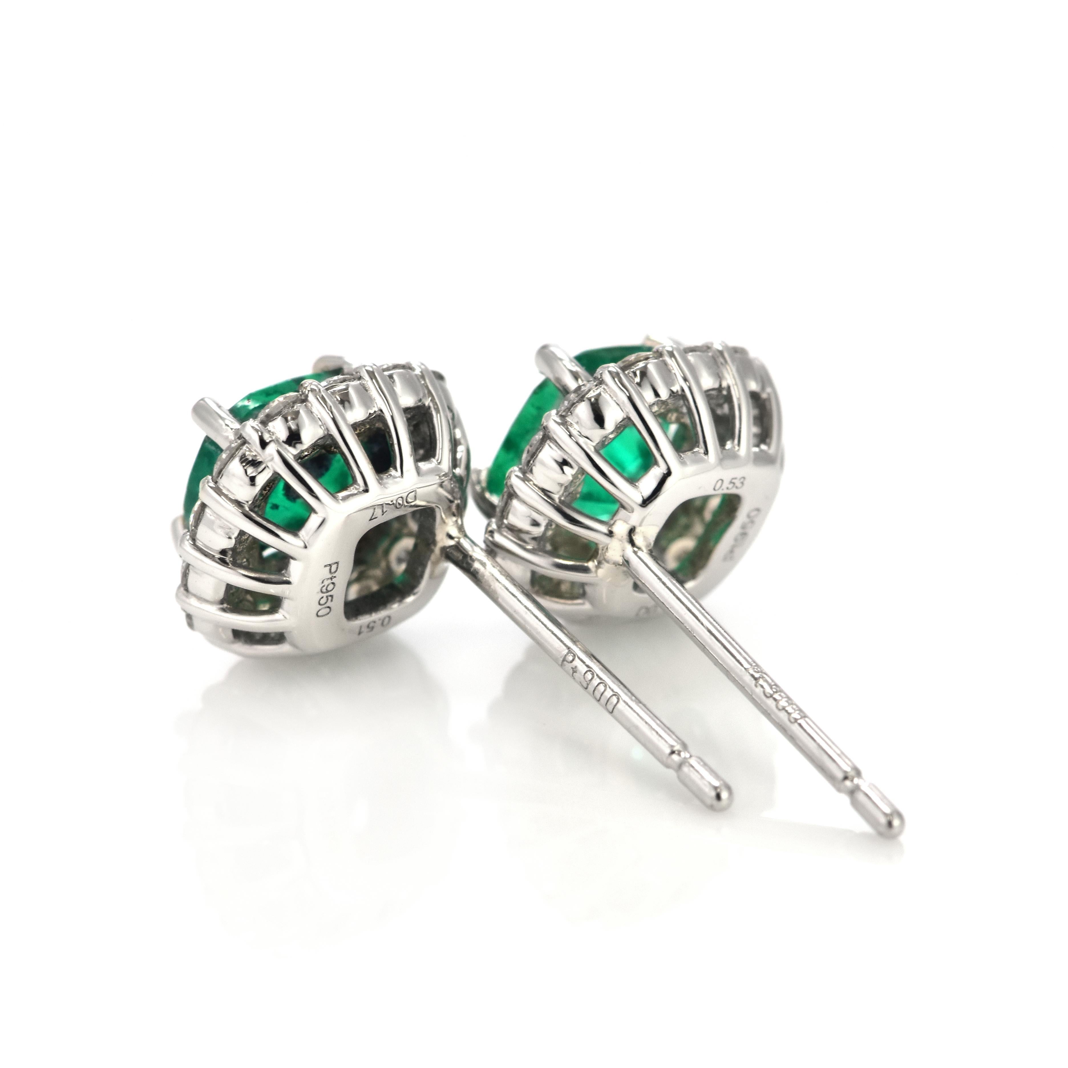 Women's 1.04 Carat Natural Colombian Emerald & Diamond Pierced Earrings Made in Platinum For Sale