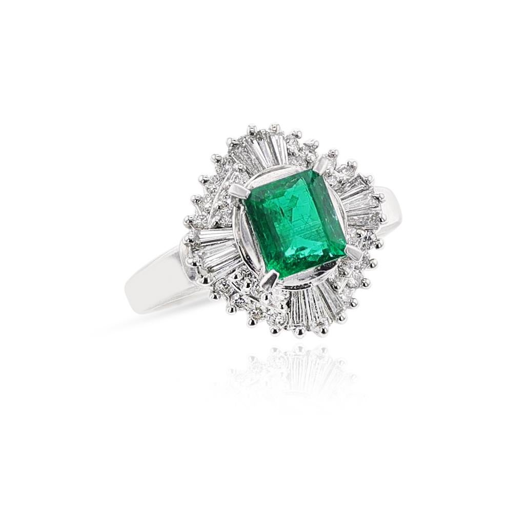 Emerald Cut 1.04 Carat Natural Emerald Step-Cut Emerald Ring with 0.54 Carat of Diamonds For Sale