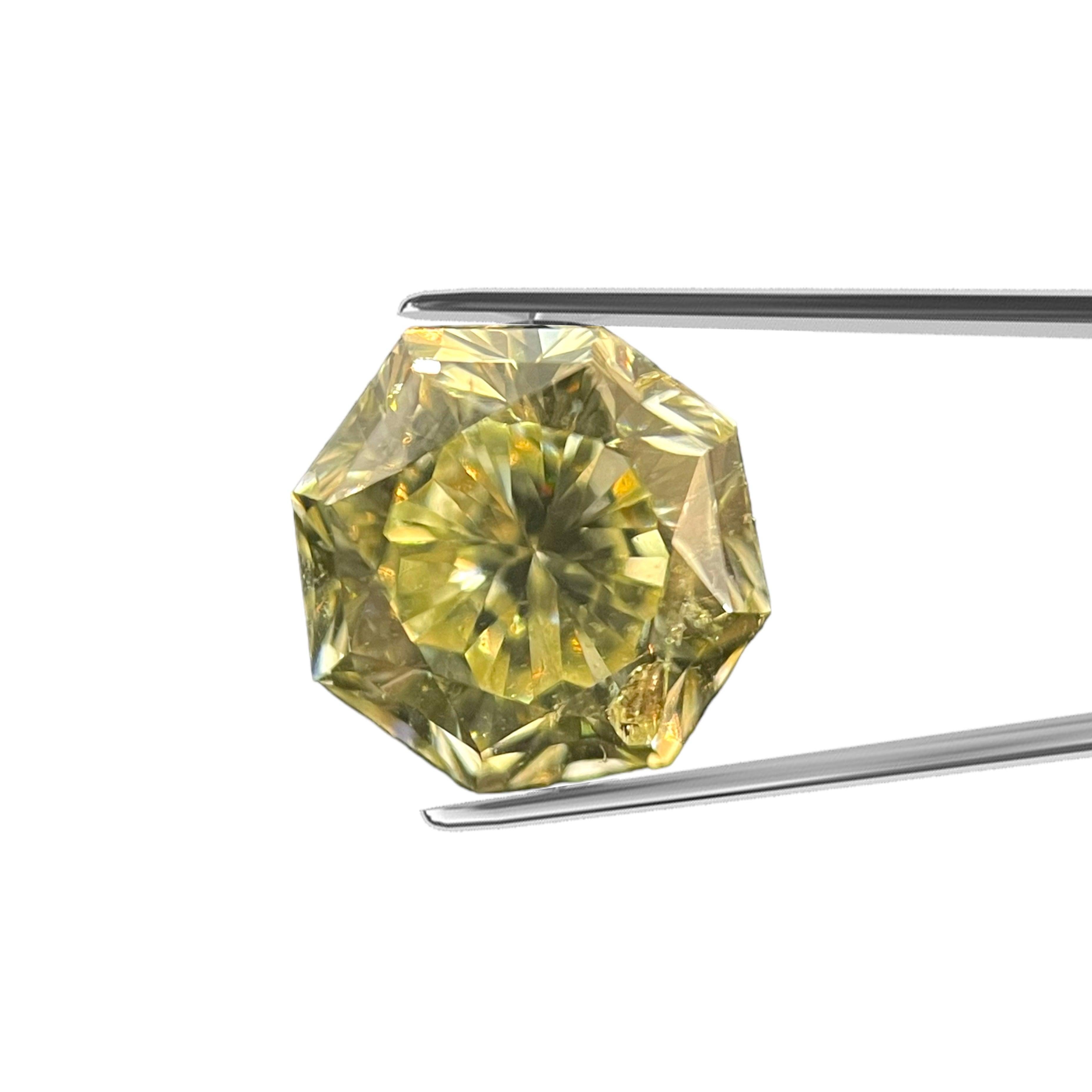 ITEM DESCRIPTION
ID #:
NYC55551
Stone Shape:
OCTAGONAL MODIFIED BRILLIANT 
Diamond Weight:
1.04ct
Clarity:
I1
Color:
Fancy Grayish Greenish Yellow
Cut:
Excellent
Measurements:
5.89 x 5.81 x 4.12 mm
Depth %:
70.9%
Table