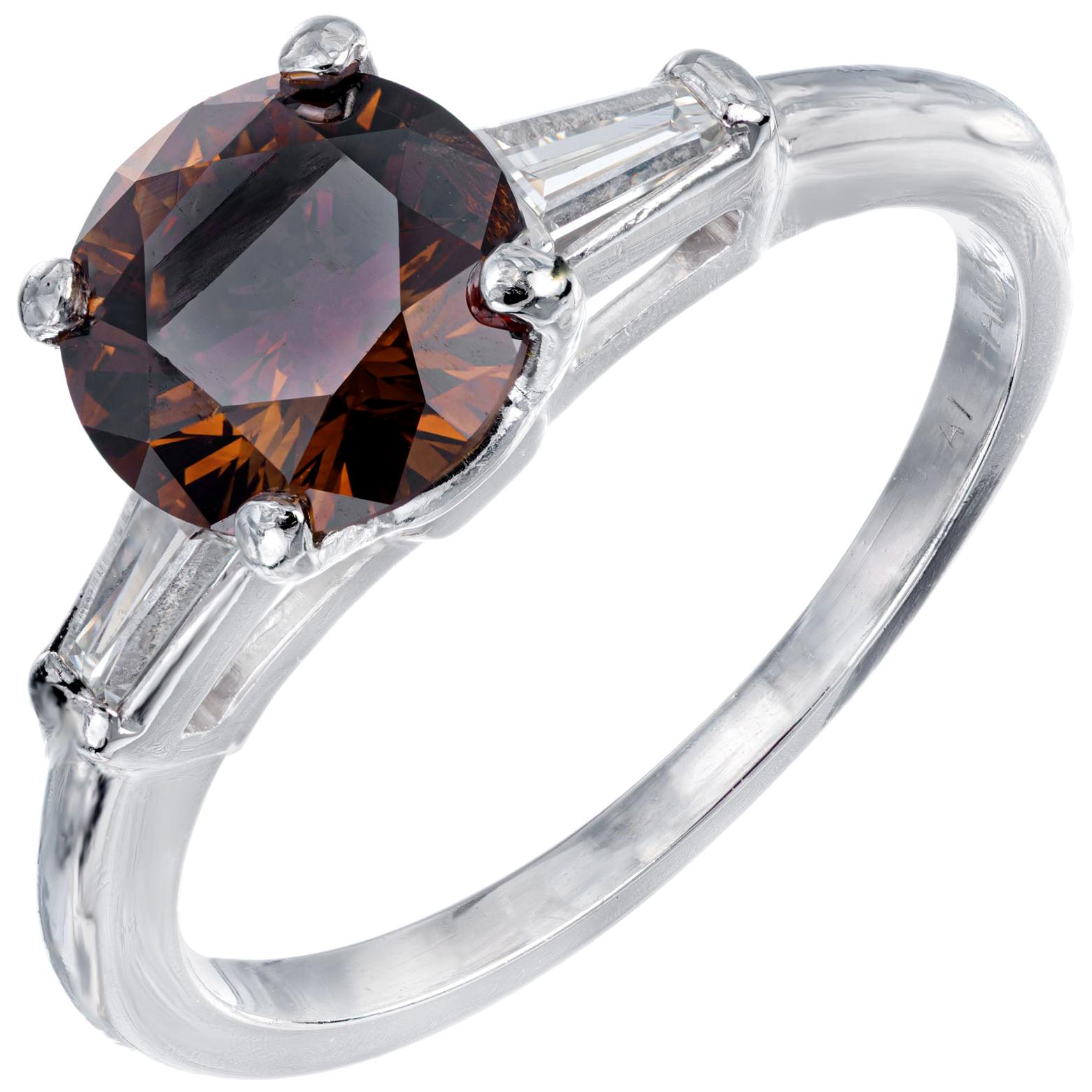 1.04 Carat Orange Brown Diamond Platinum Three-Stone Engagement Ring For Sale