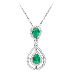 1.04 Carat Pear Cut Emerald Diamond Accents 14K White Gold Pendant