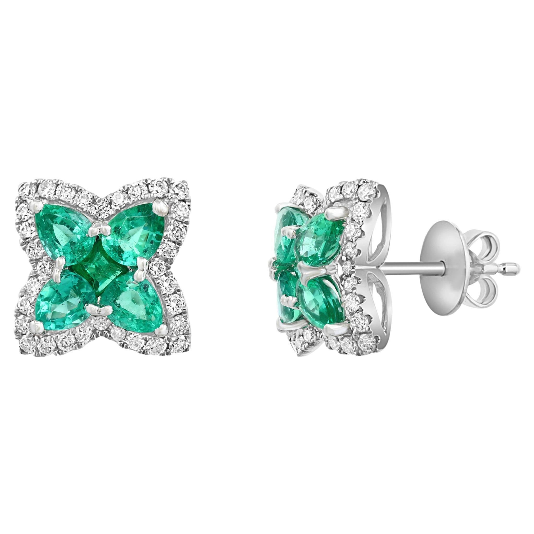 1.04 Carat Pear Shape Emerald and Diamond Stud Earrings in 18K White Gold For Sale