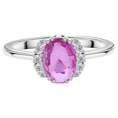 1.04 Ct Oval Pink Sapphire Halo Ring in 18K White Gold 0.11CT Diamond Engagement