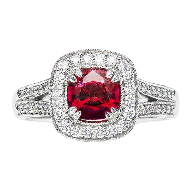 For Sale:  1.04 Carat Red Spinel Cushion Diamond Cluster Ring Natalie Barney