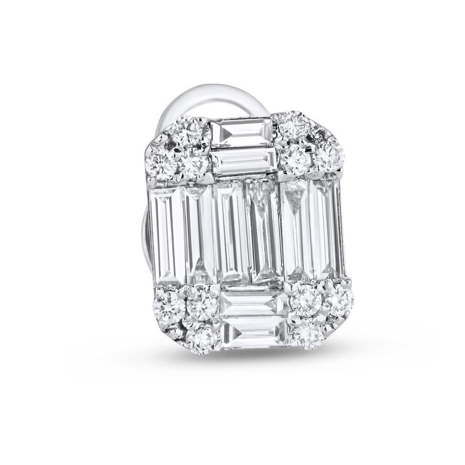 These earrings create the illusion of a singular emerald-cut gem through a meticulously crafted arrangement of both round and baguette diamonds, boasting a total diamond weight of 1.04 carats. These magnificent pieces are expertly set in the