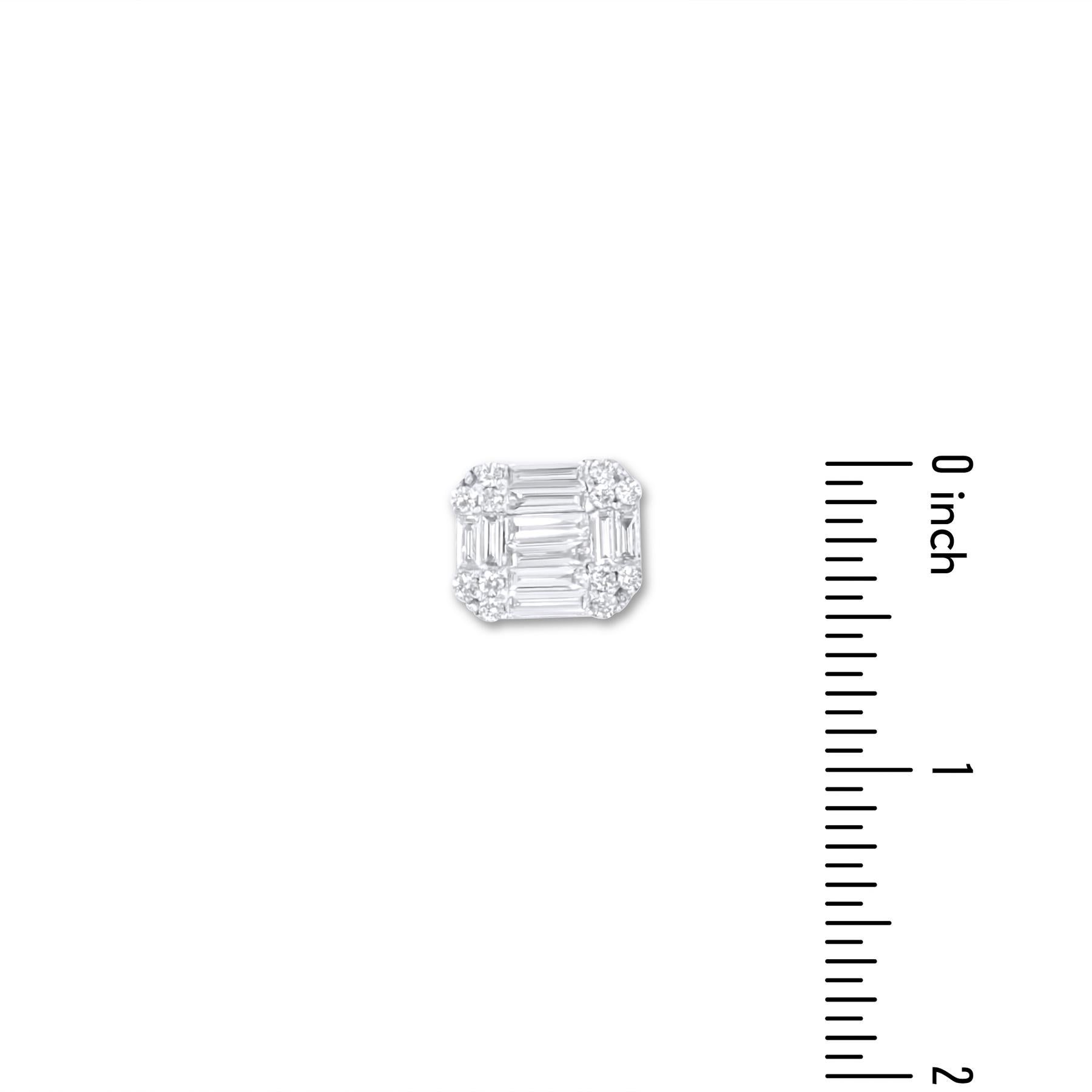 Women's 1.04 Carat Round and Baguette Cluster Diamond Stud Earrings in 18k White Gold For Sale