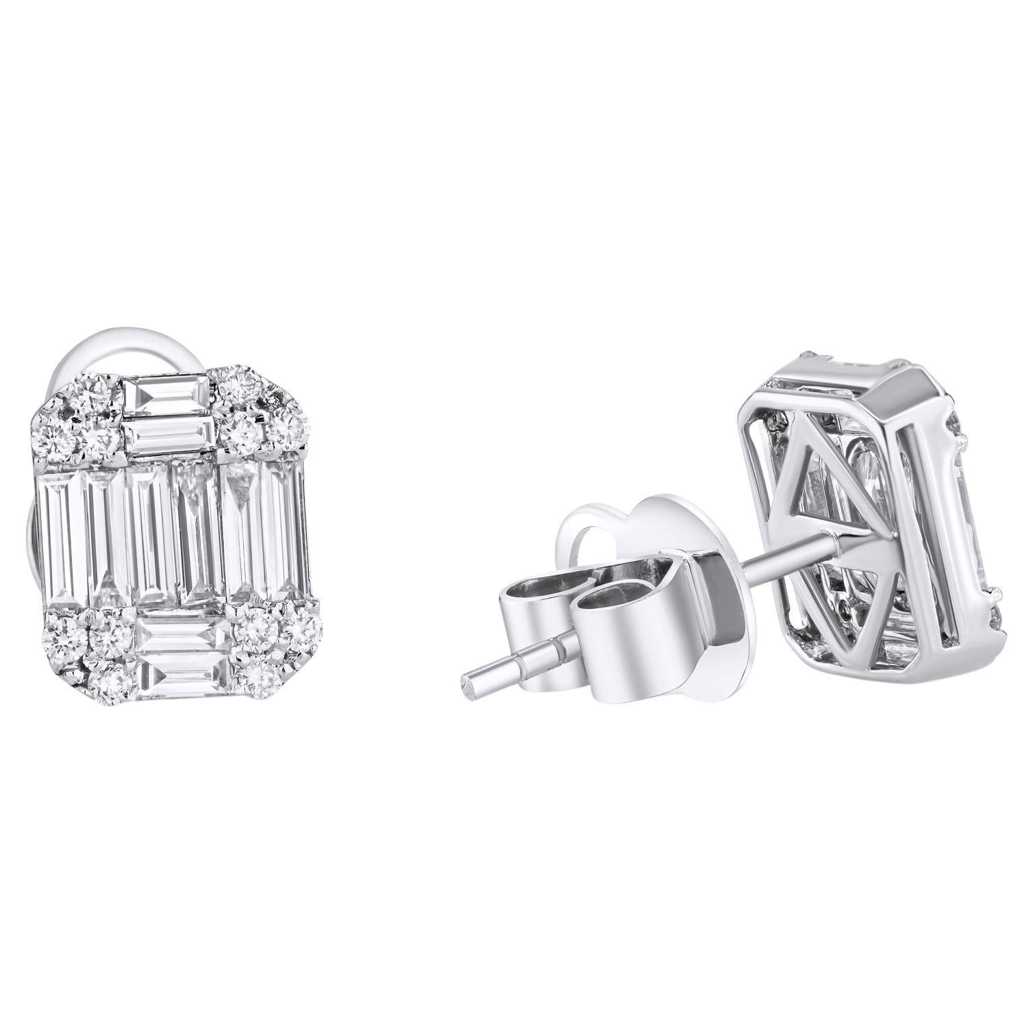 1.04 Carat Round and Baguette Cluster Diamond Stud Earrings in 18k White Gold
