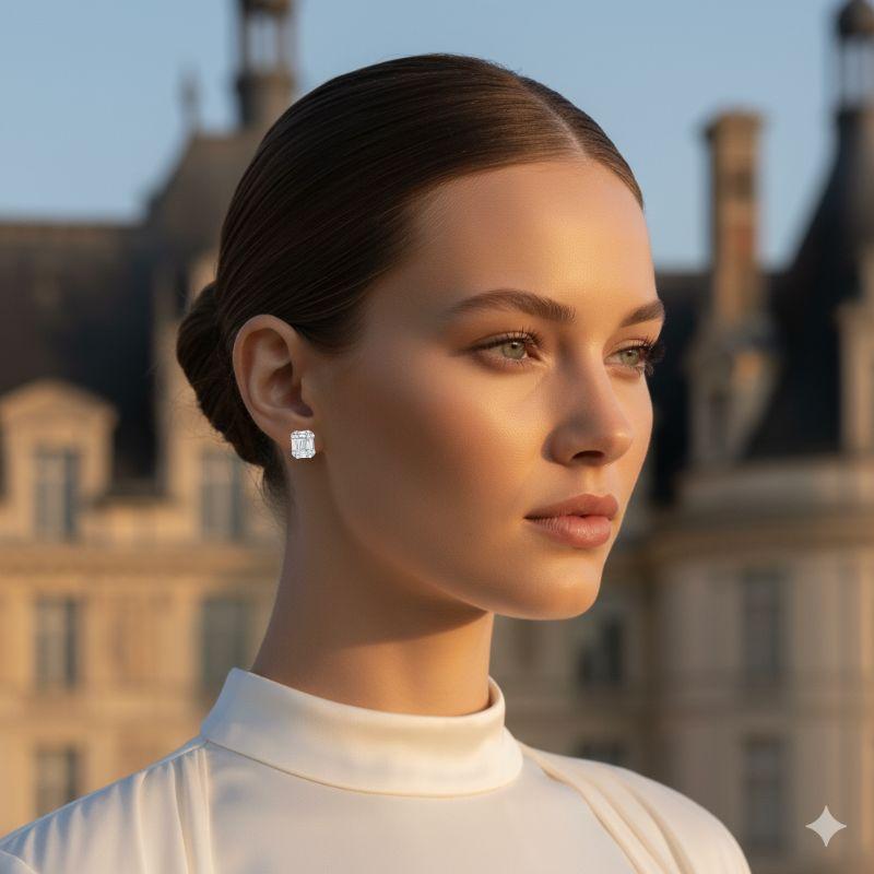 Boucles d'oreilles composées de diamants ronds et baguettes de 1,04 carat en 18W ref1984 en vente 2