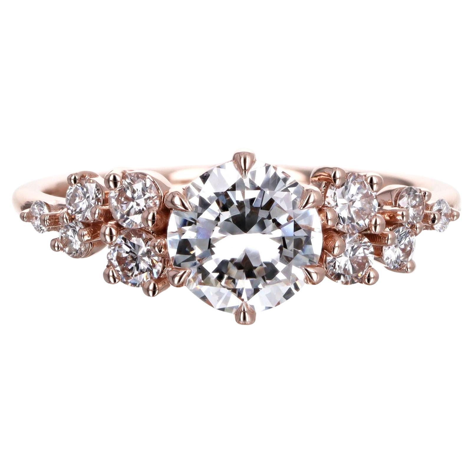 Bague de fiançailles florale en or rose 14 carats avec diamants ronds brillants de 1,04 carat