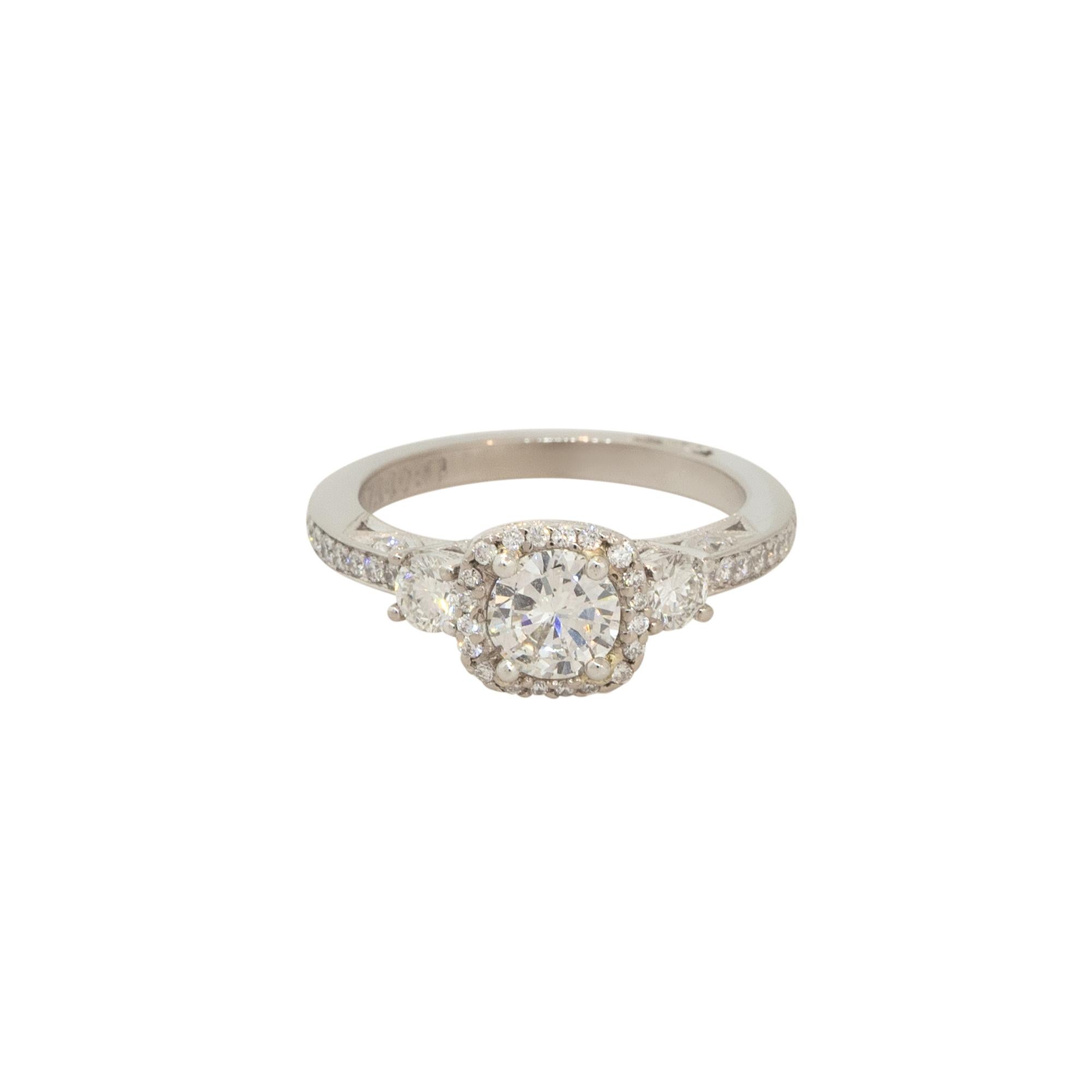 Women's 1.04 Carat Round Diamond 3 Stone Halo Engagement Ring 18 Karat in Stock For Sale