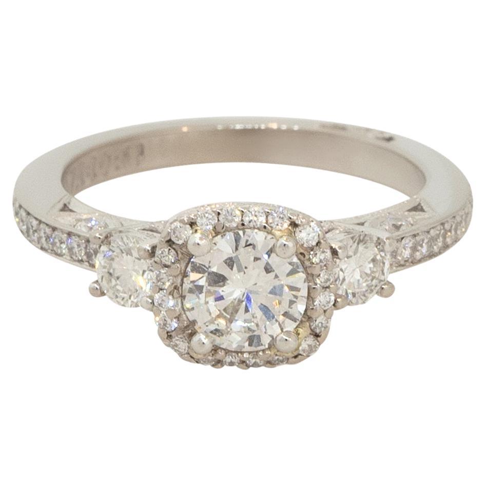 1.04 Carat Round Diamond 3 Stone Halo Engagement Ring 18 Karat in Stock For Sale