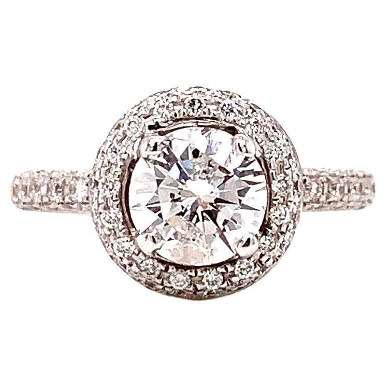 1.04 Carat Round Diamond Ring H SI3 with Double Halo 14K White Gold For Sale