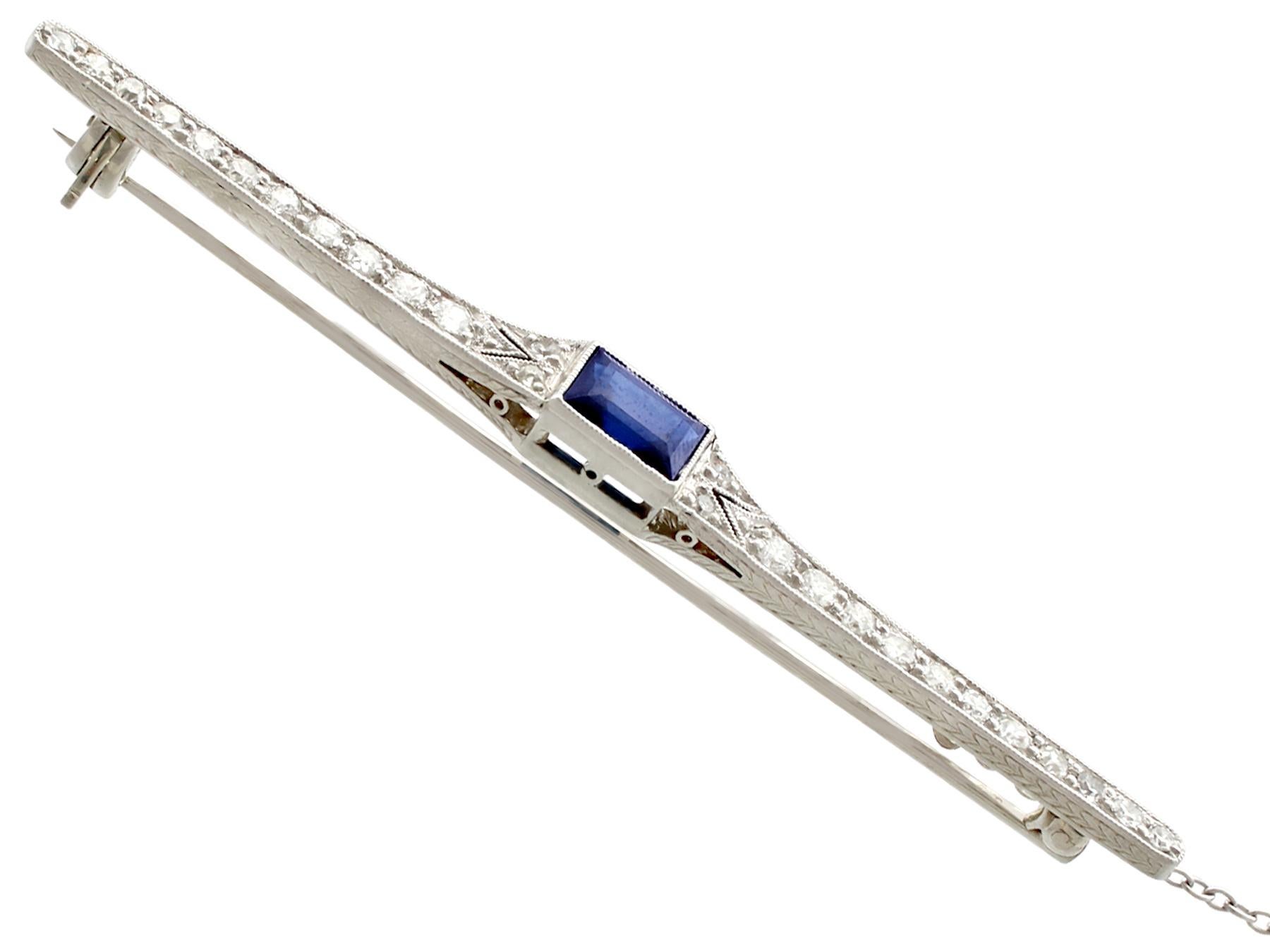 An impressive antique French 1.04 carat sapphire and 1.20 carat diamond, 18 karat white gold and platinum set bar brooch; part of our diverse antique jewellery collections.

This fine and impressive sapphire and diamond bar brooch has been crafted