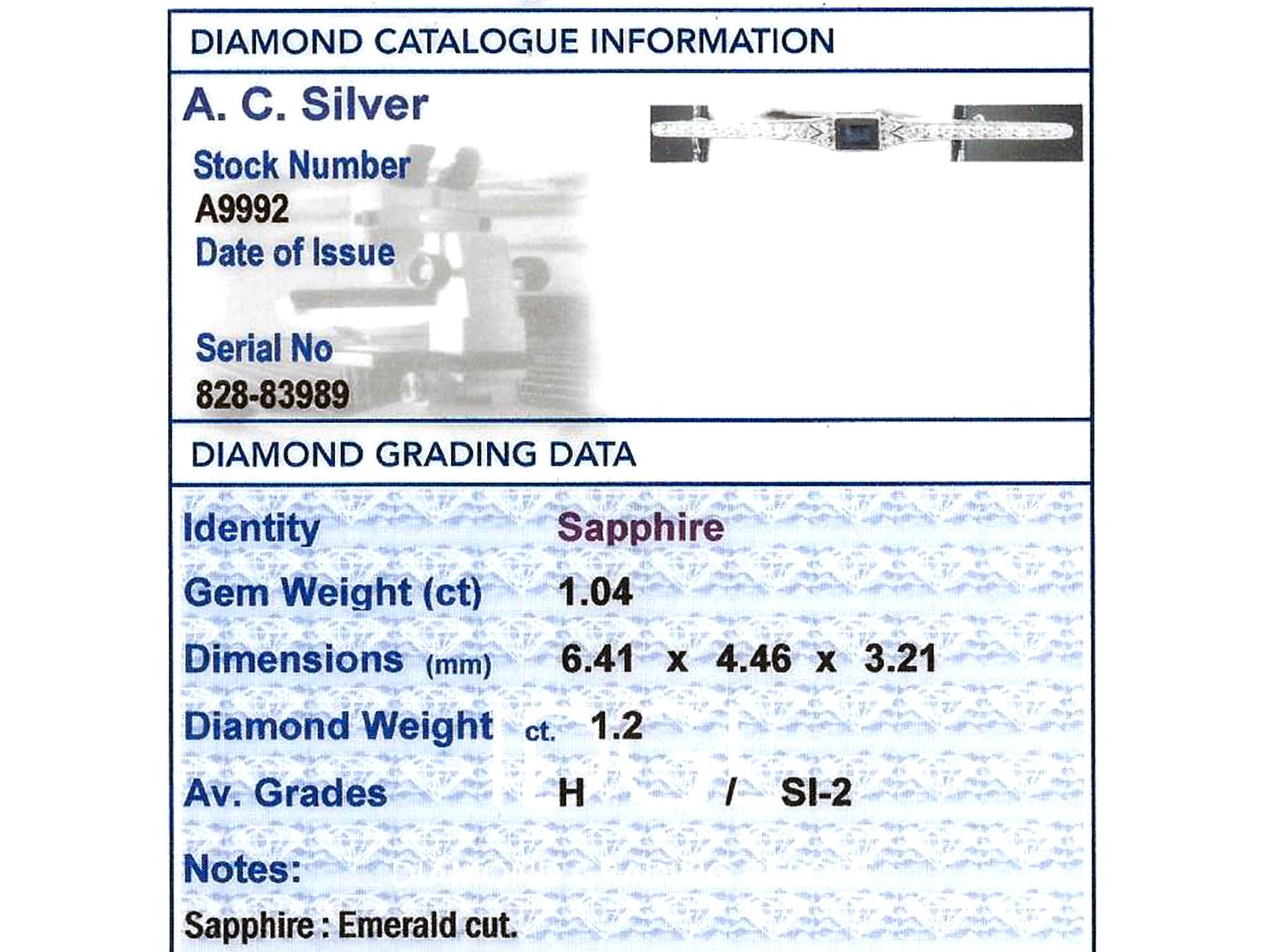 1.04 Carat Sapphire and 1.20 Carat Diamond White Gold and Platinum Bar Brooch 4