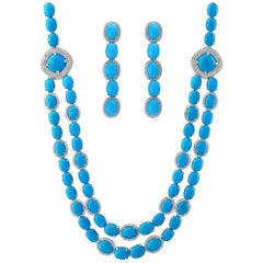 104 Carat Sleeping Beauty Turquoise Necklace and Earring Set, Bridal, 18 K Gold