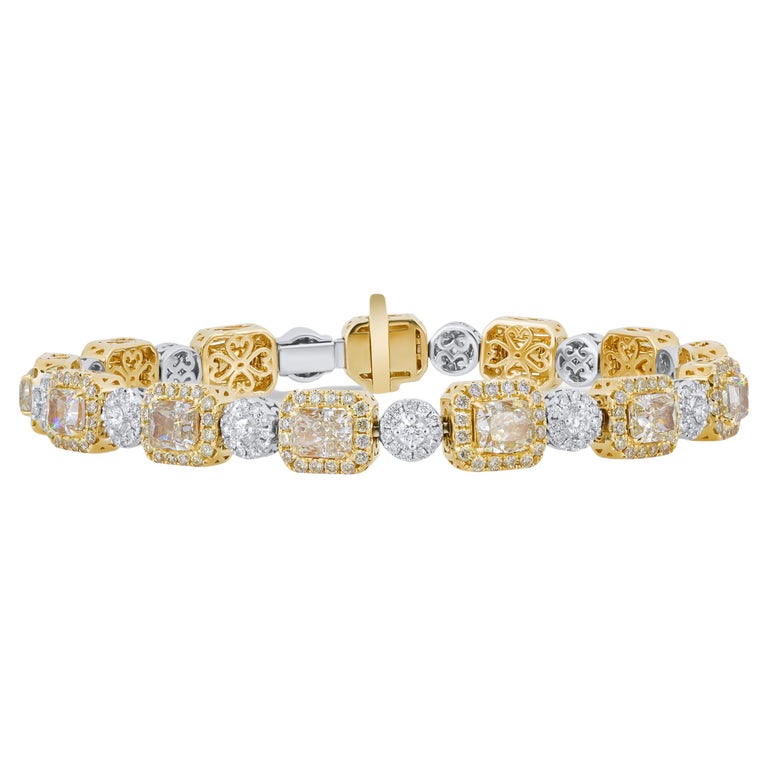 10.4 Carat Total Weight Cushion Cut Yellow & White Diamond Bracelet in 18k Gold For Sale