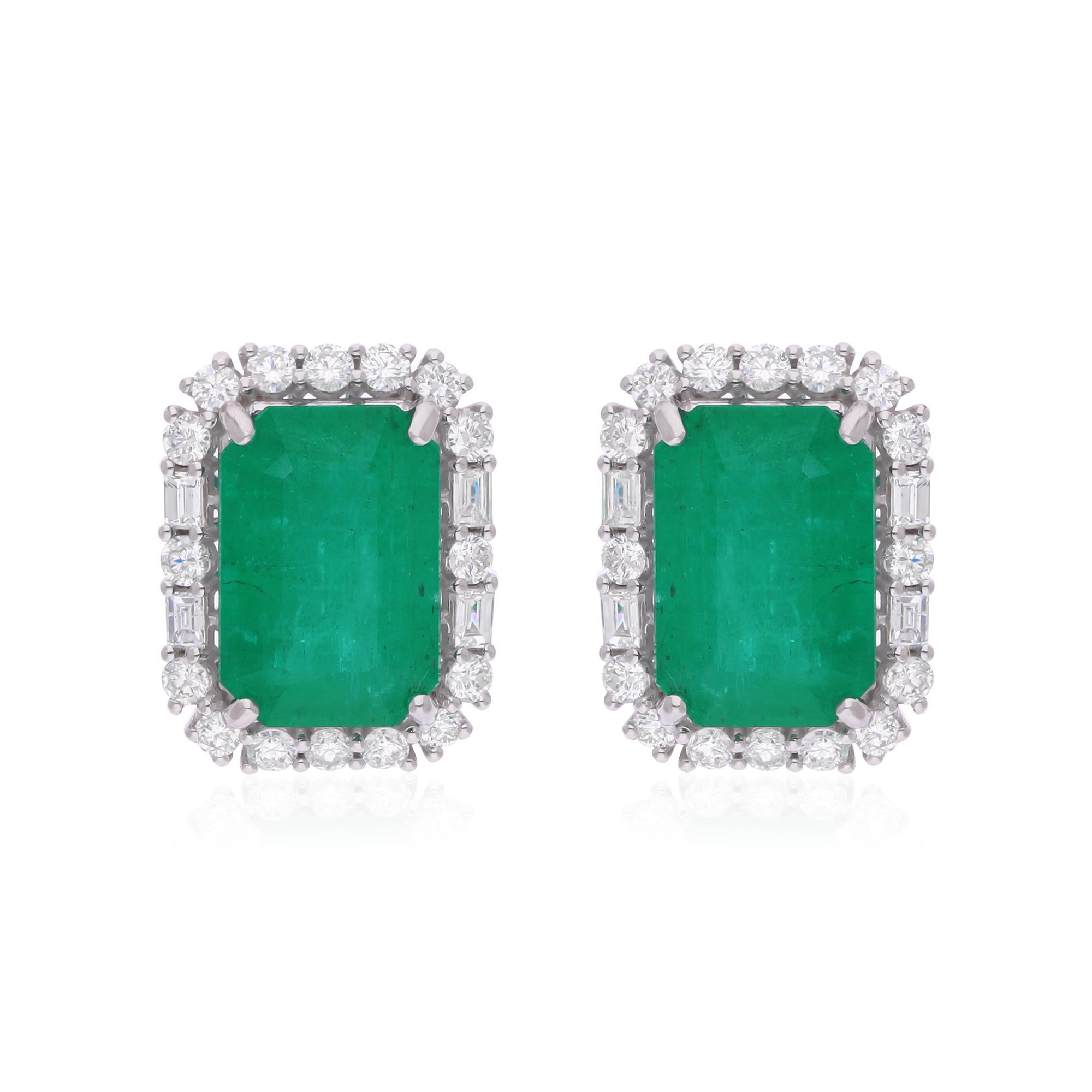 10,4 Karat sambischer Smaragd Edelstein Ohrstecker 1,45 Karat Diamant 18k Weißgold (Achteckschliff) im Angebot