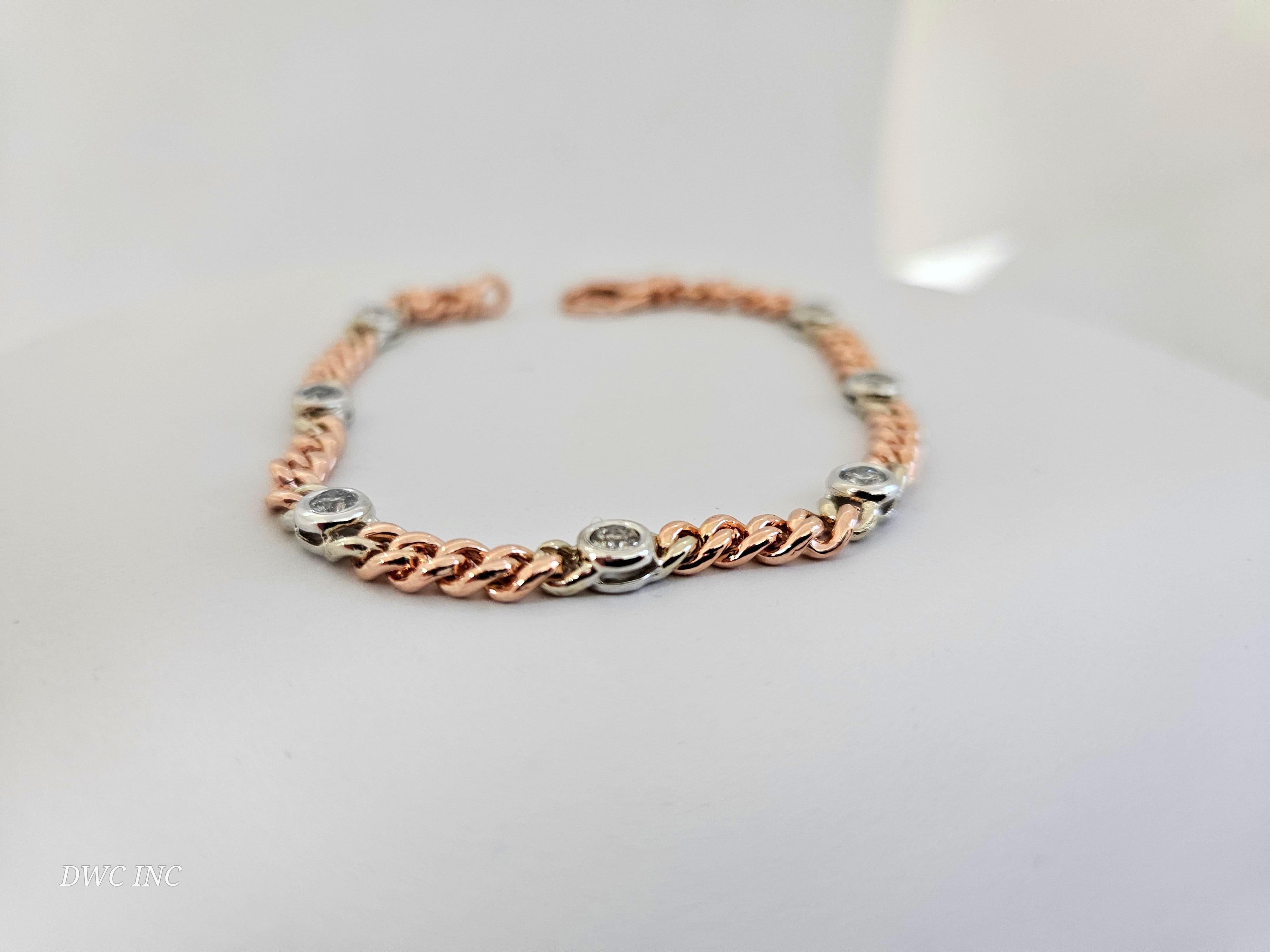 1.04 ctw Natural Diamond Cuban Bracelet Rose Gold 14K 7 inch
Natural Round Diamonds, Very shiny, secure box togue clasp.
Average color G-I, 7pcs  5 mm width. 12.16 grams.

*Free shipping within the U.S.*