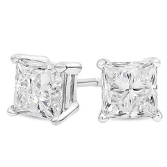 1.04 Carats Total Princess Cut Diamond Stud Earrings in White Gold
