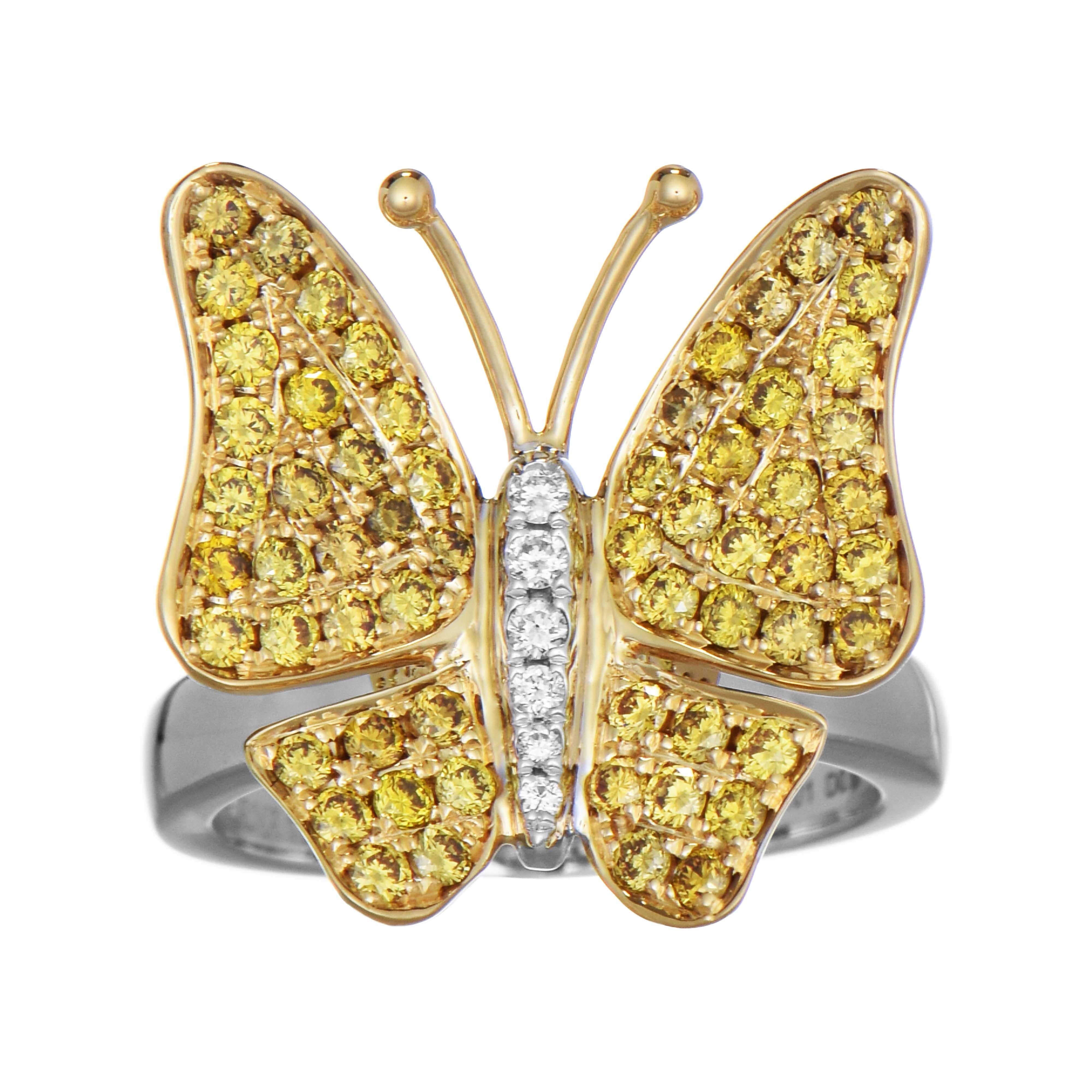 Round Cut 1.04 Carats Yellow and White Diamond White and Yellow Gold Butterfly Ring For Sale