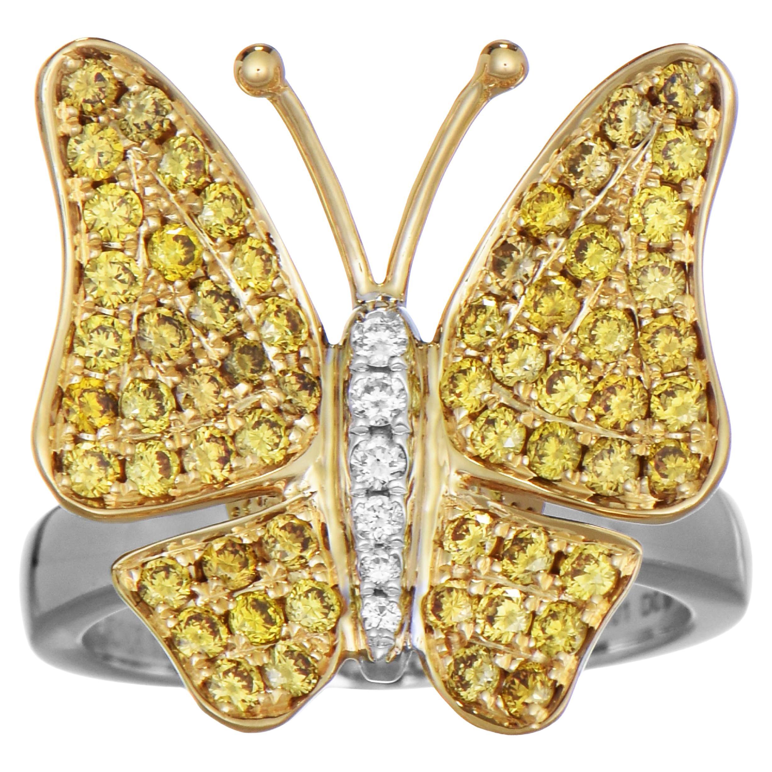 1.04 Carats Yellow and White Diamond White and Yellow Gold Butterfly Ring