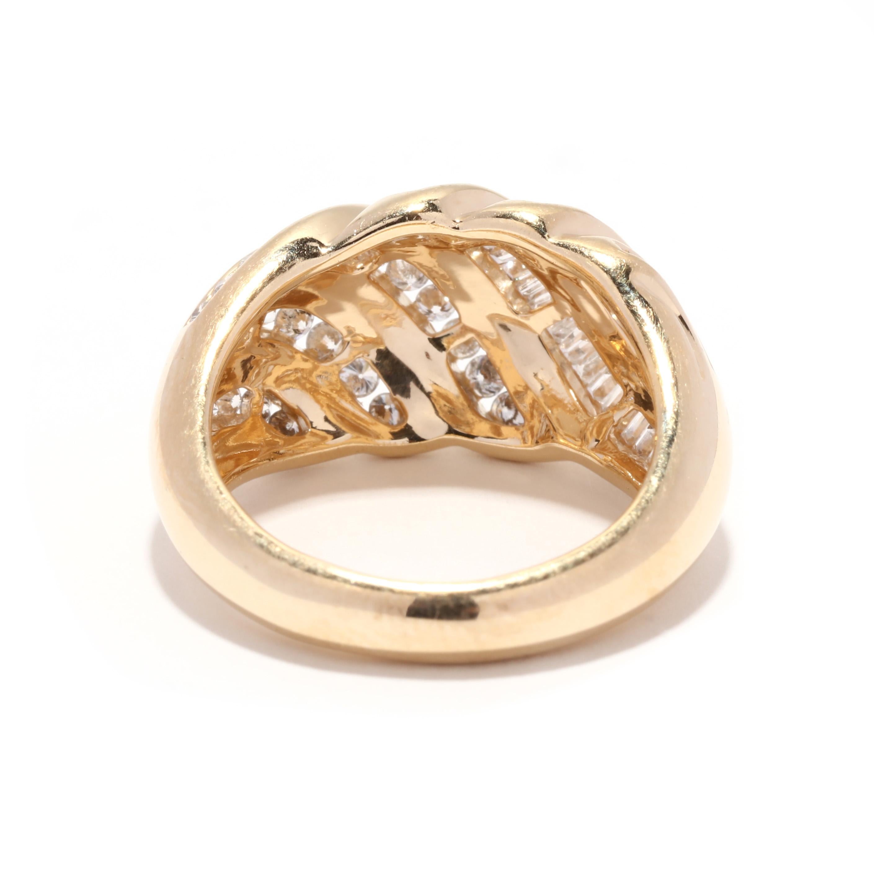 Baguette Cut 1.04 ctw Diamond Croissant Ring, 14k Yellow Gold, Ring Size 7, Ribbed Dome Ring