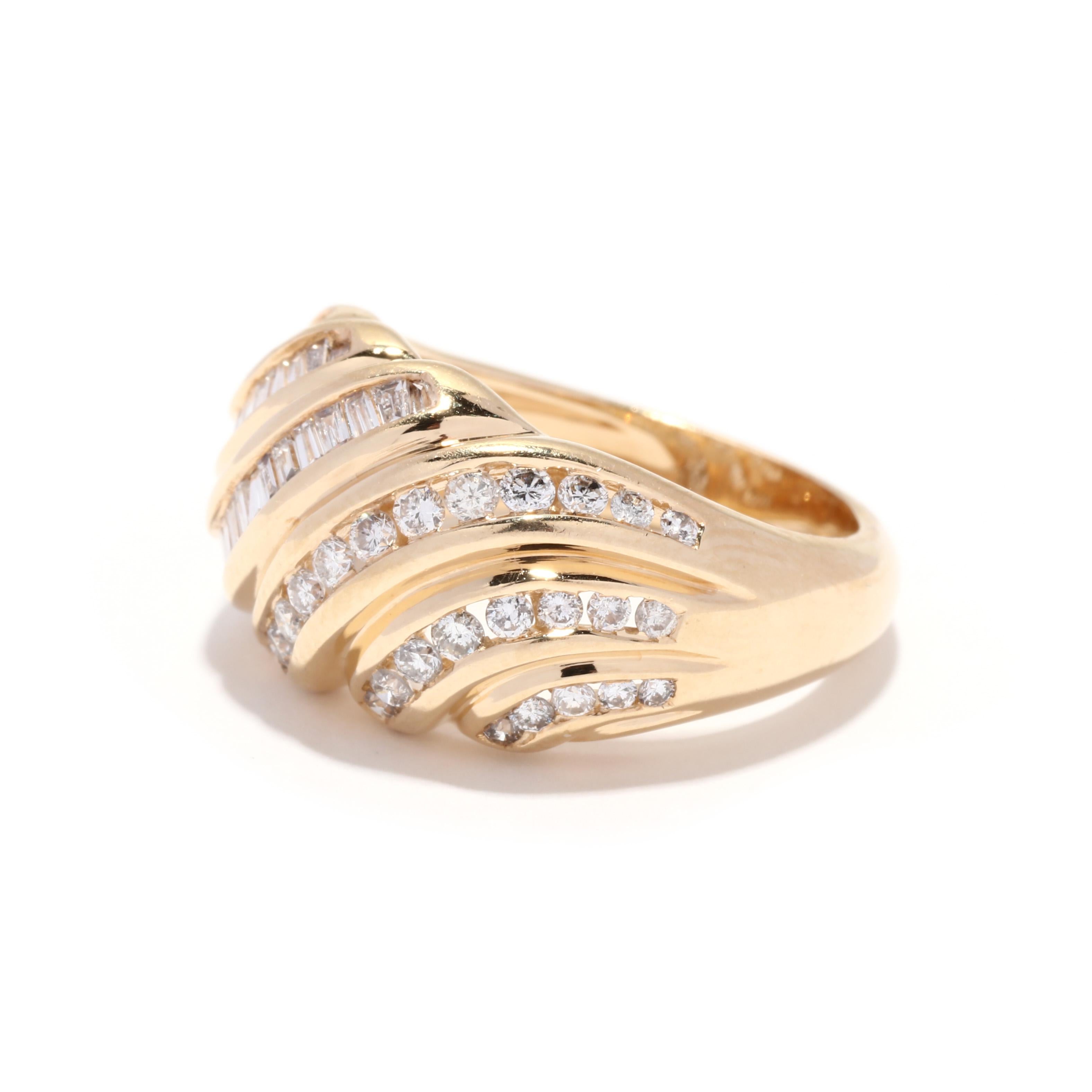 1.04 ctw Diamond Croissant Ring, 14k Yellow Gold, Ring Size 7, Ribbed Dome Ring In Good Condition In McLeansville, NC