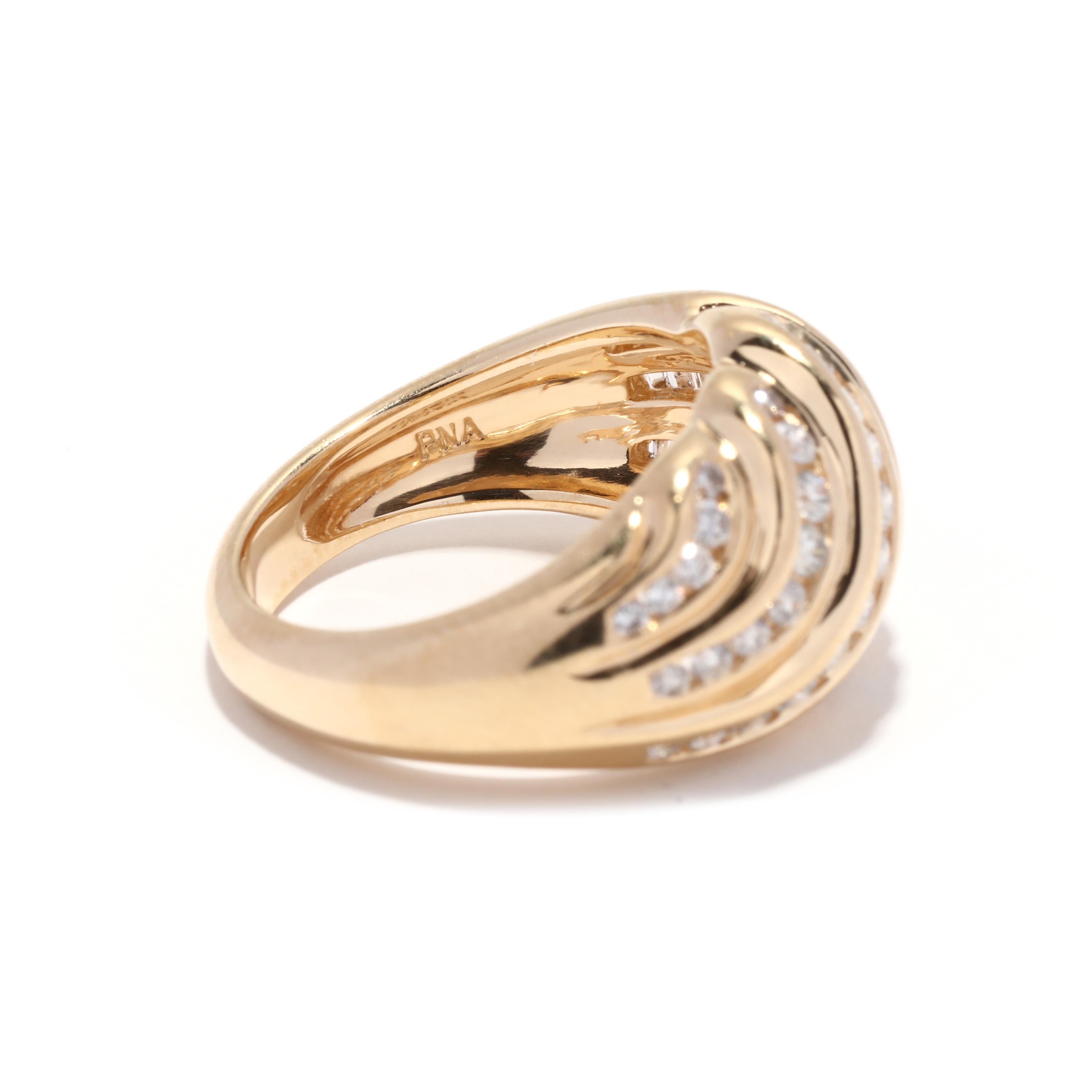 1.04 ctw Diamond Croissant Ring, 14k Yellow Gold, Ring Size 7, Ribbed Dome Ring Unisexe en vente