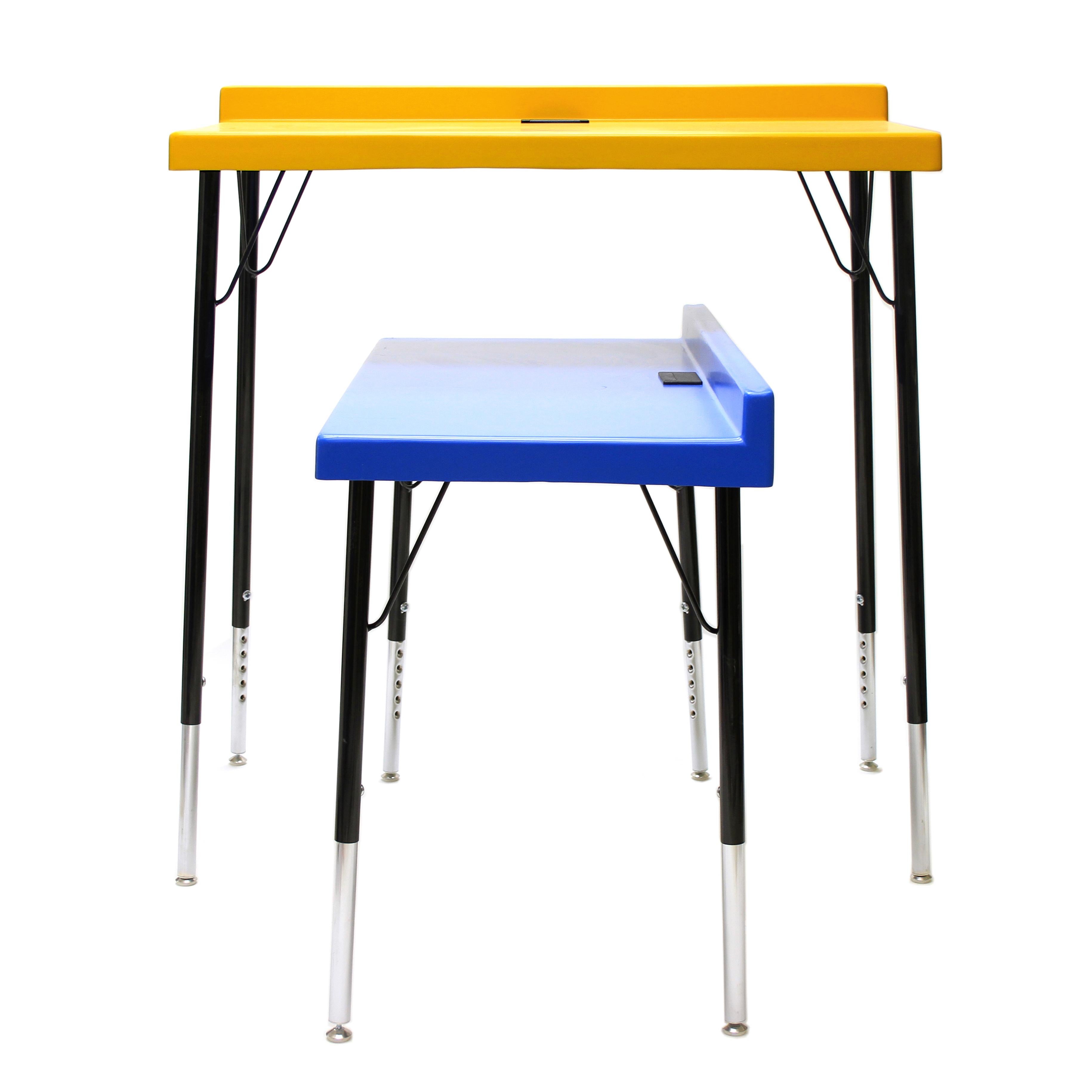 The 104 desk is comprised of an Industrial fiberglass top and steel legs that are powder coated, have adjustable feet and are removable. The desktop is equipped with a grommet for cord access and the back rail is slightly curved to provide a resting