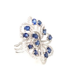 1.04 Diamond and 3.28 Blue Sapphire White Gold Flower Ring With Box